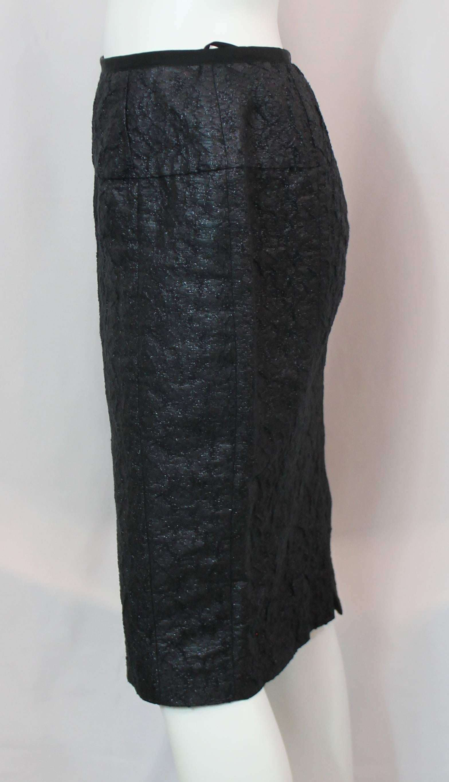 Black Nina Ricci Dark Navy Linen with Metallic Sheen Blend Brocade Skirt - 40 