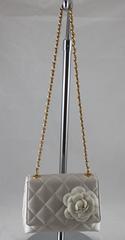 Chanel Shimmery White Quilted Silk Small Flap Handbag w/ camelia-GHW-97