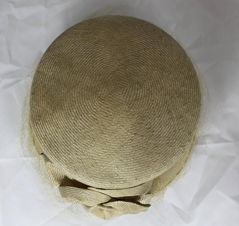 Brown Suzanne Couture Millinery Light Olive Straw Hat with Ribbon, Flower, and Net For Sale