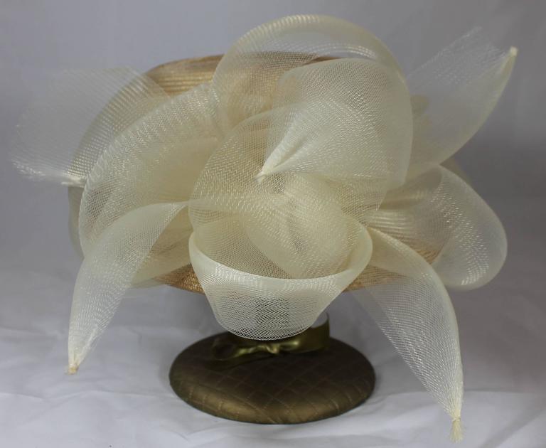 Brown Suzanne Couture Millinery Tan Straw Hat with Ivory Mesh Ribbon For Sale