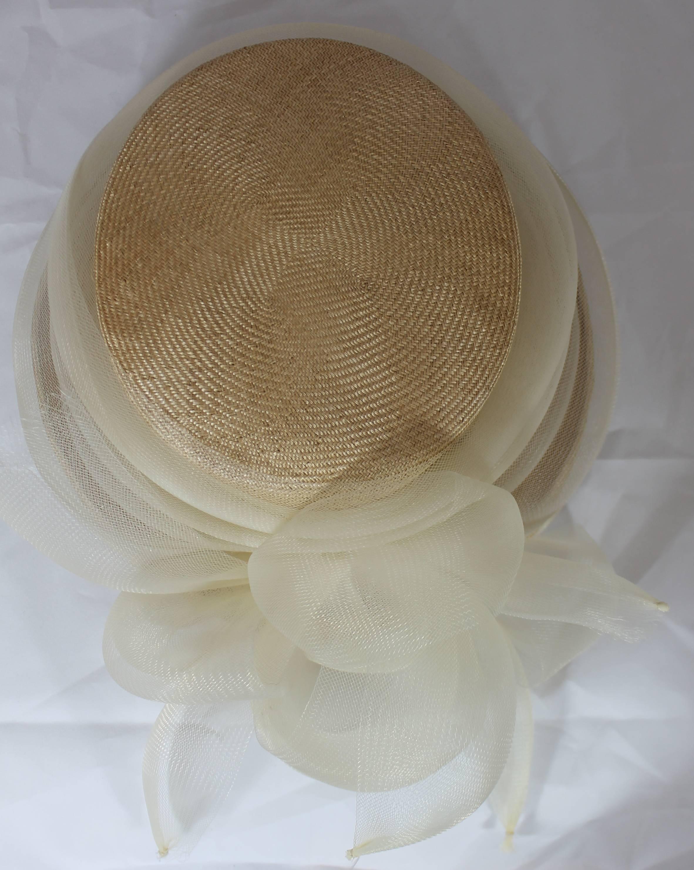 Suzanne Couture Millinery Tan Straw Hat with Ivory Mesh Ribbon In Good Condition In West Palm Beach, FL