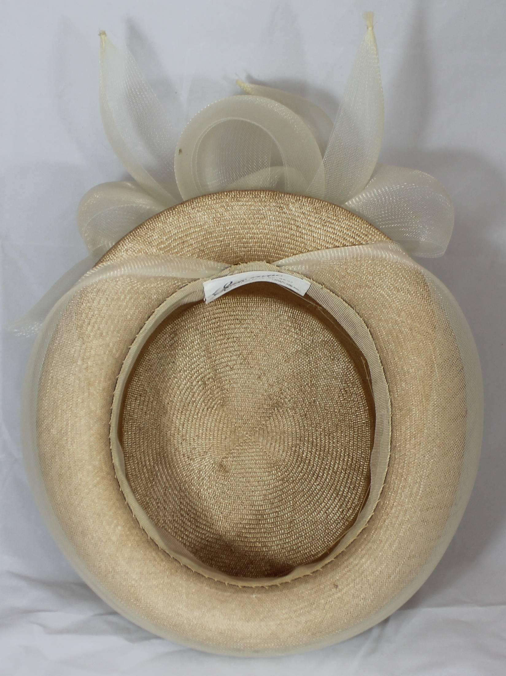 Women's Suzanne Couture Millinery Tan Straw Hat with Ivory Mesh Ribbon