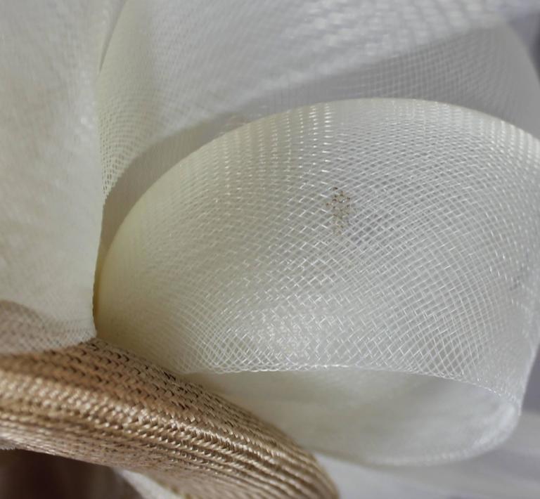 Suzanne Couture Millinery Tan Straw Hat with Ivory Mesh Ribbon For Sale 1