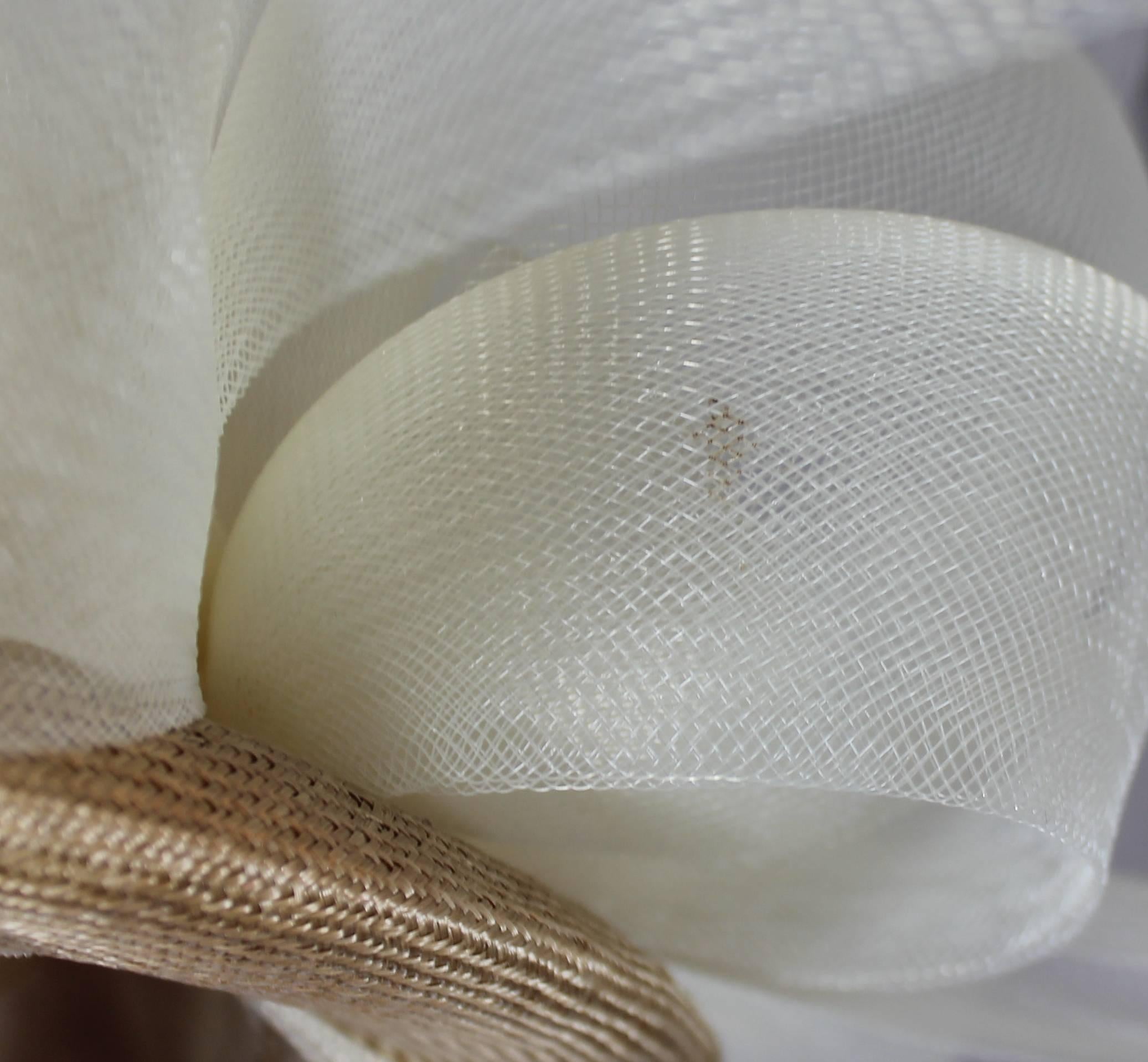 Suzanne Couture Millinery Tan Straw Hat with Ivory Mesh Ribbon 1