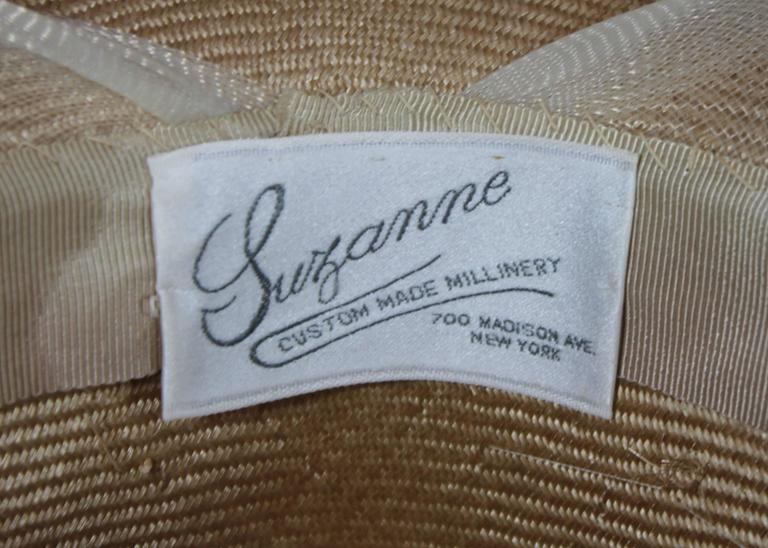 Suzanne Couture Millinery Tan Straw Hat with Ivory Mesh Ribbon For Sale 2