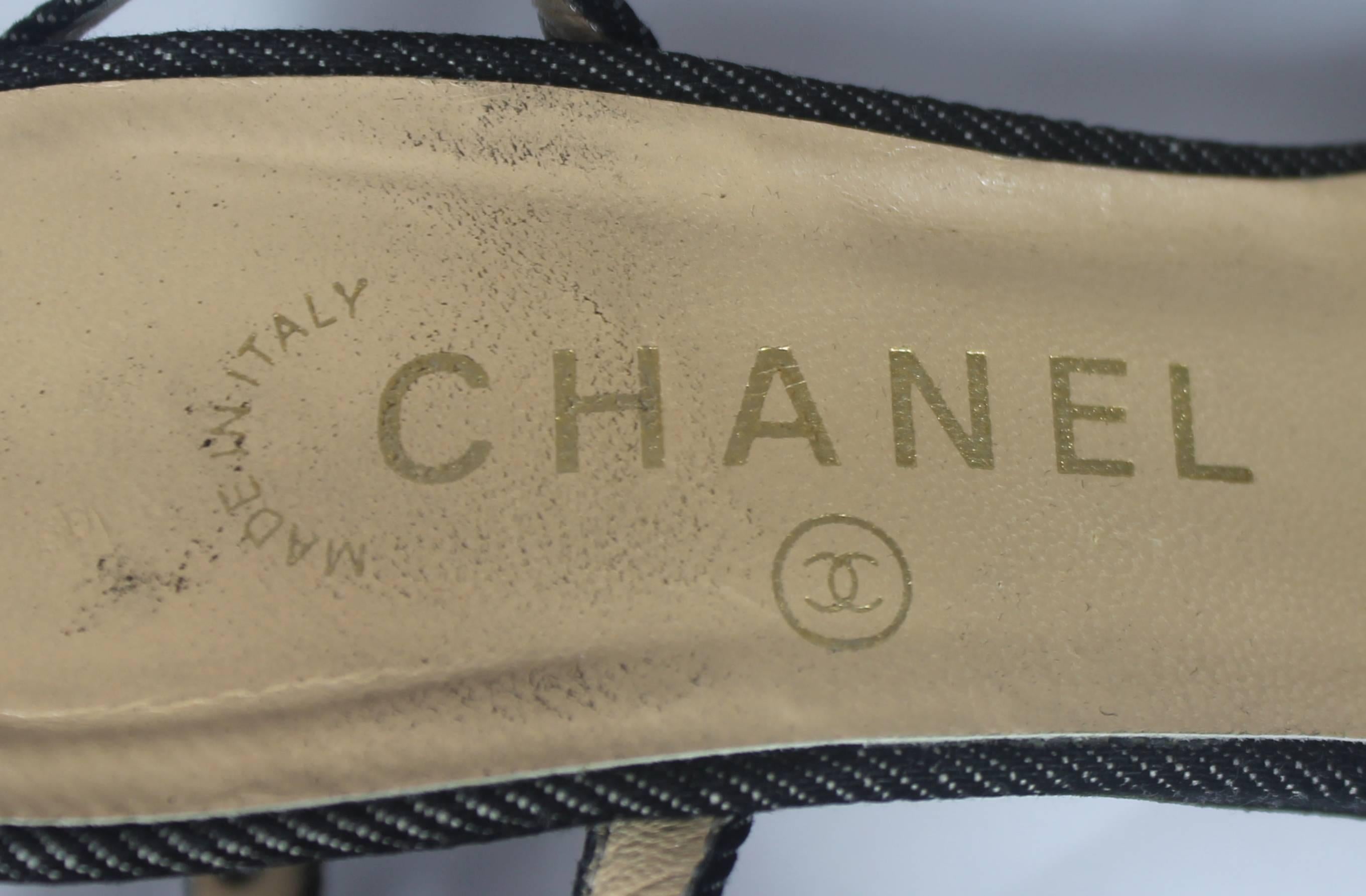 Brown Chanel Denim Heels with Grommets and Ankle Strap - 36.5 For Sale