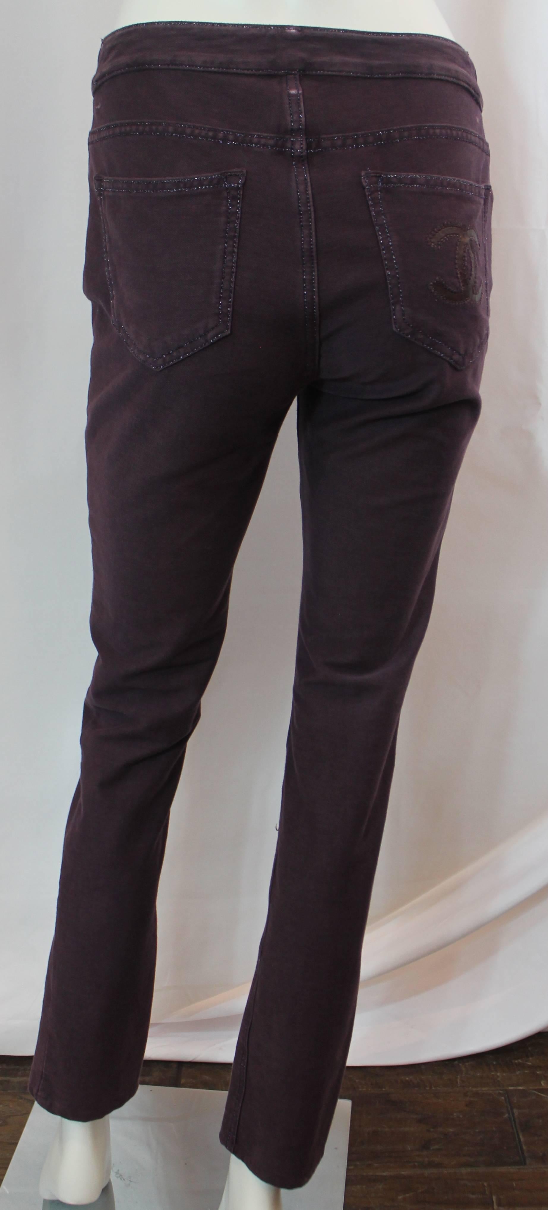 Chanel Purple Cotton Blend Denim Jeans with Leather 