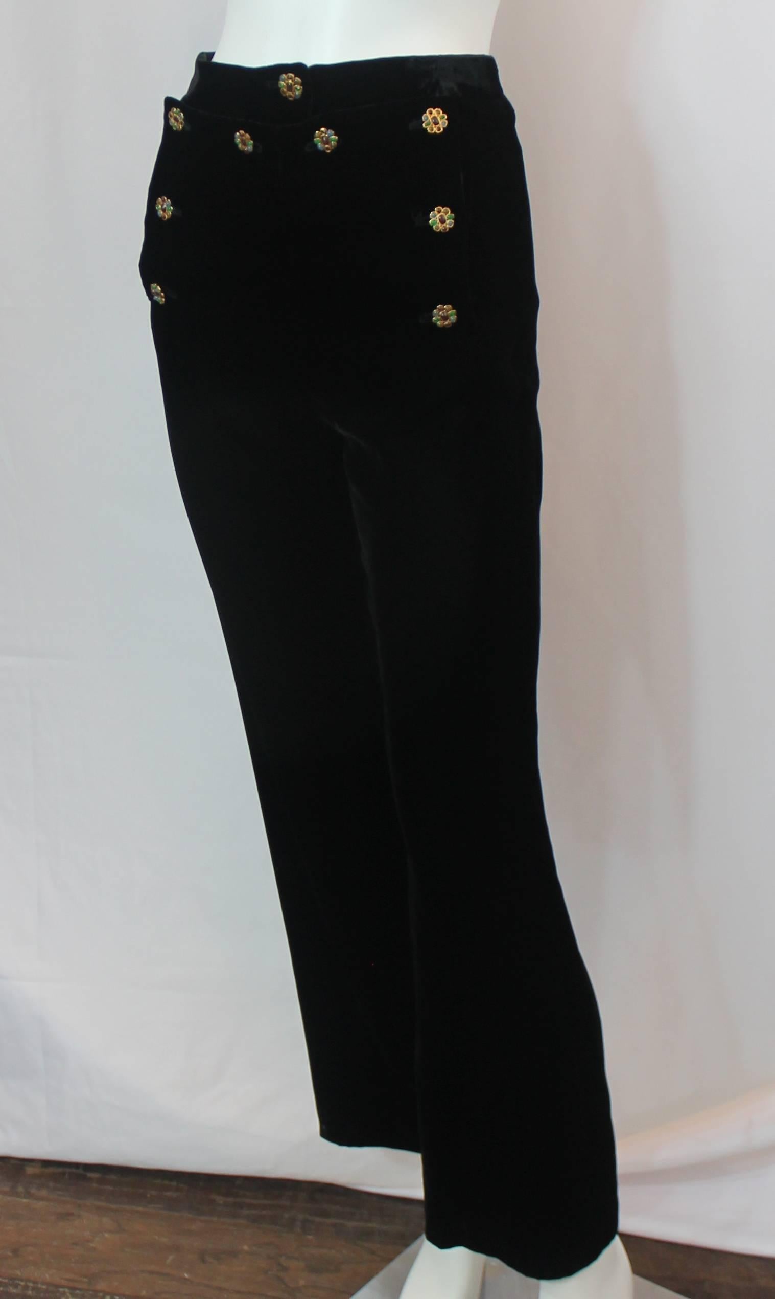 Chanel Black Velvet Sailor Style Pants with Gripoix Buttons - 34 - 1980's. These high waisted pants have beautiful sailor style gripoix buttons (different colored stones). The pants flare at the bottom. They are in excellent vintage condition with