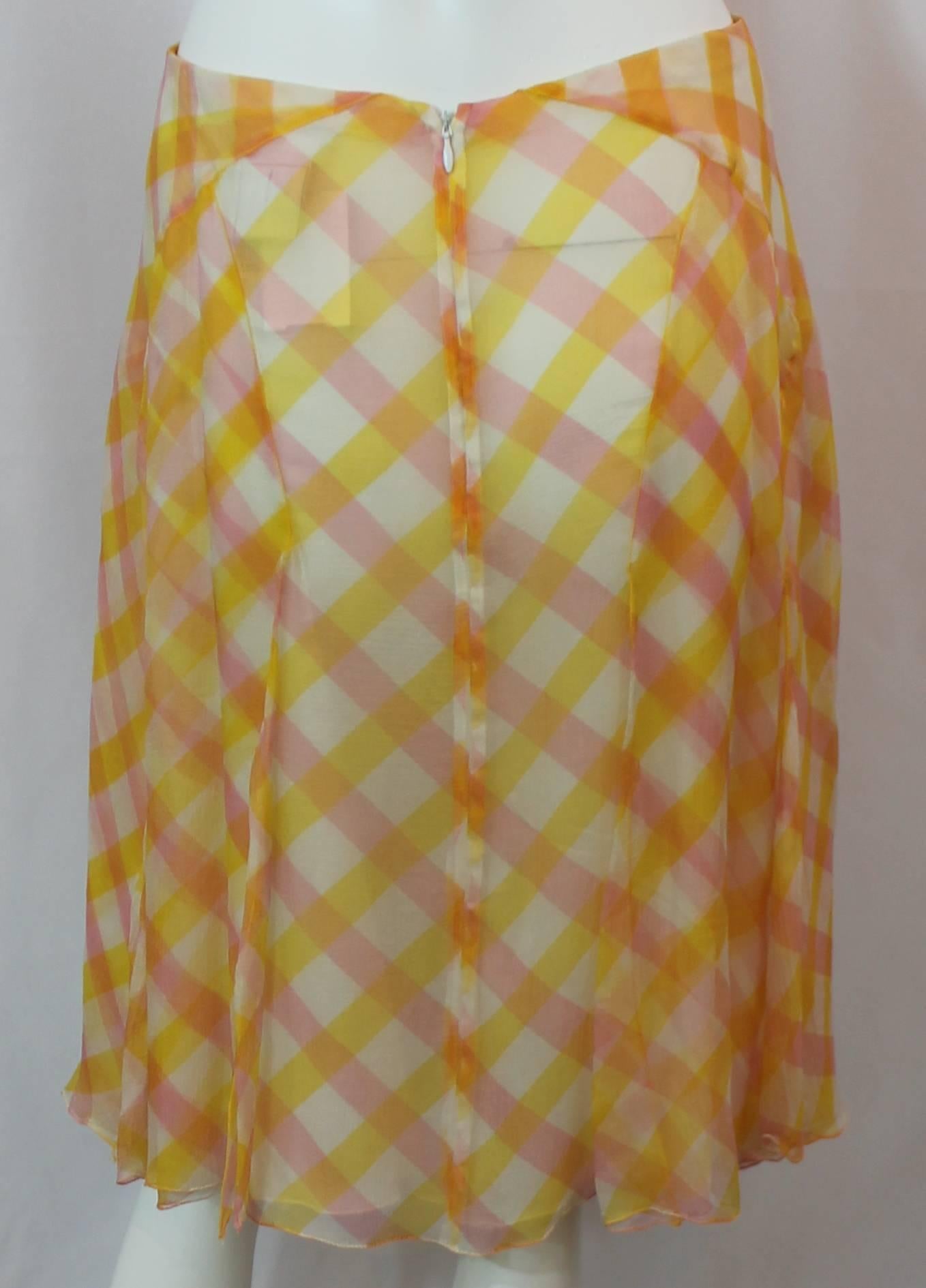 Brown Chanel Yellow, Pink, and White Printed Silk Chiffon Flowing Skirt - 42 - 99C