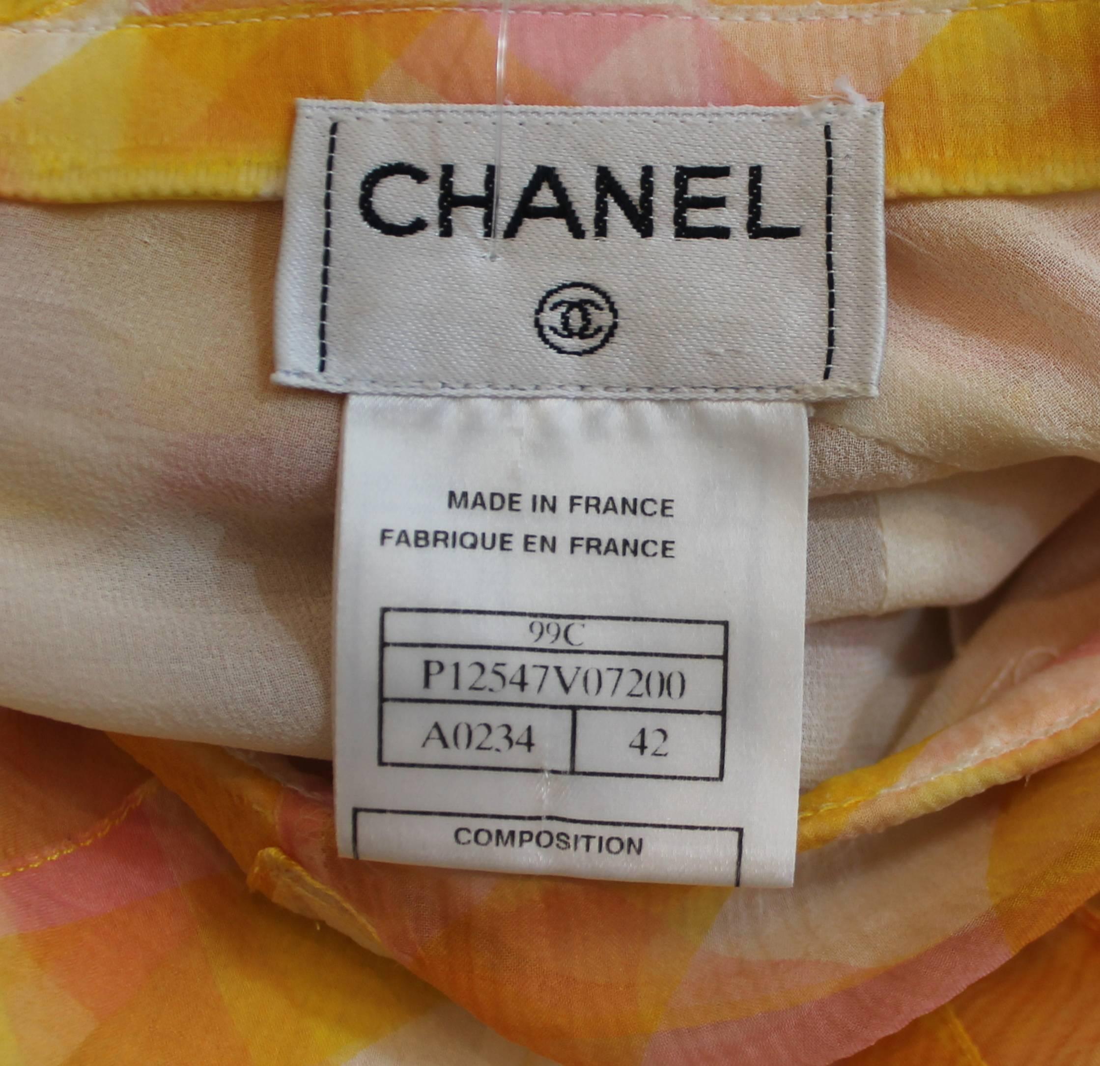 Chanel Gelber, rosafarbener und weißer bedruckter schwebender Seidenchiffonrock - 42 - 99C Damen