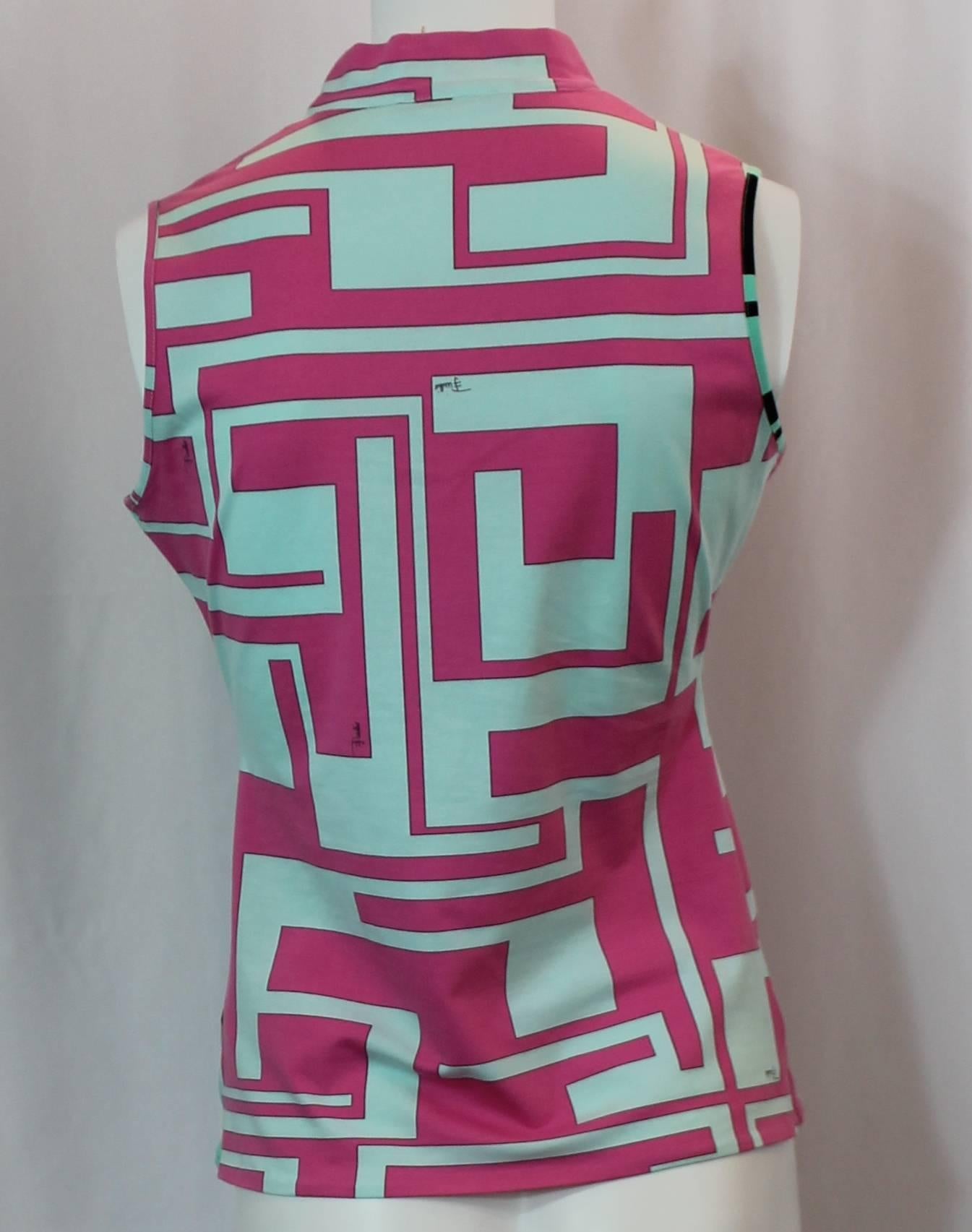 Emilio Pucci Multi-Colored Cotton-Elastin Sleeveless Collared Top - 6 In Excellent Condition In West Palm Beach, FL