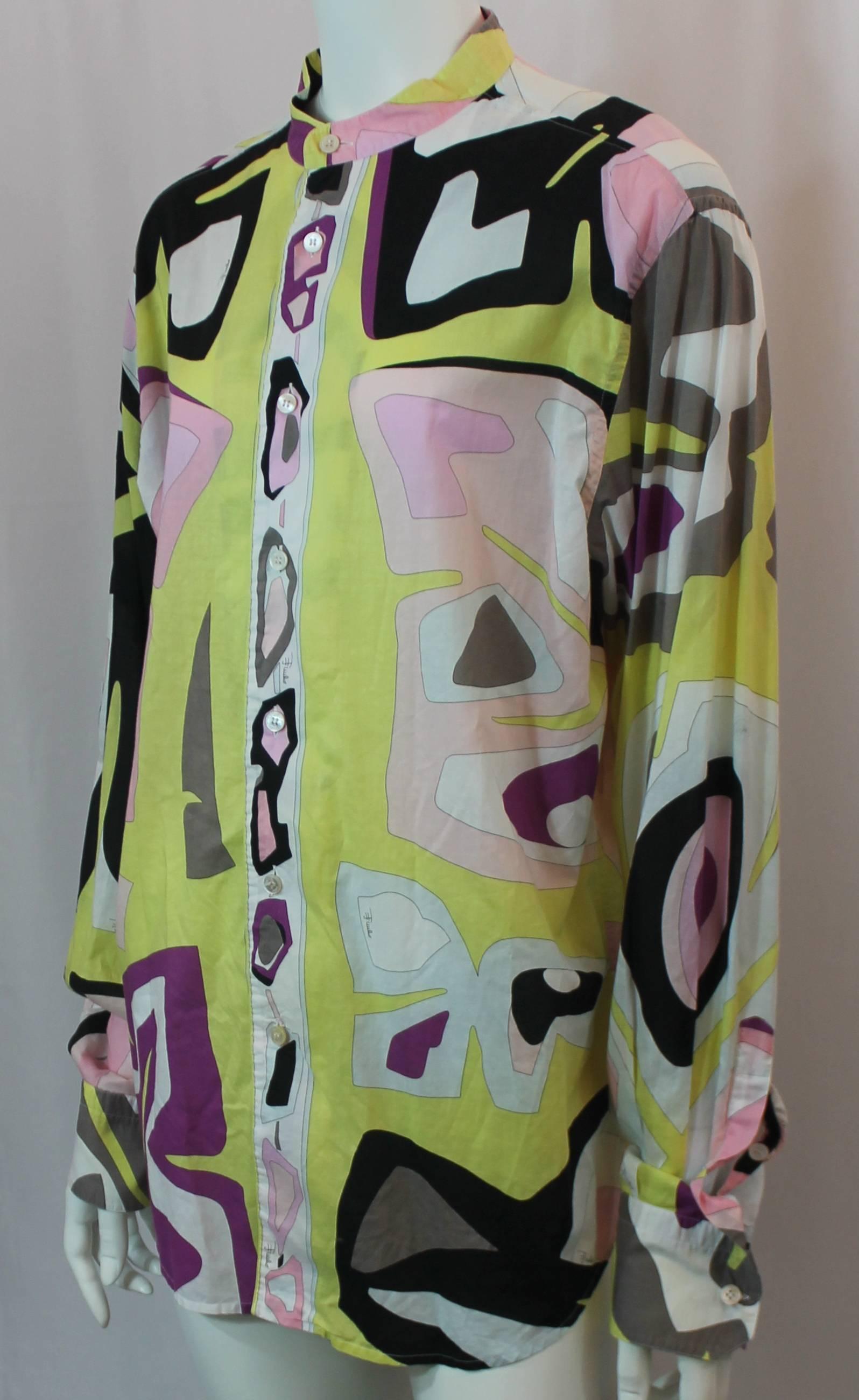 Pucci Multi-Colored Printed Cotton Long Sleeve Round Neck Button Down - L. This loose top is a button up and features a purple, pink, black, and yellow geometric print. It is in excellent condition with very light wear.

Measurements:
Bust: