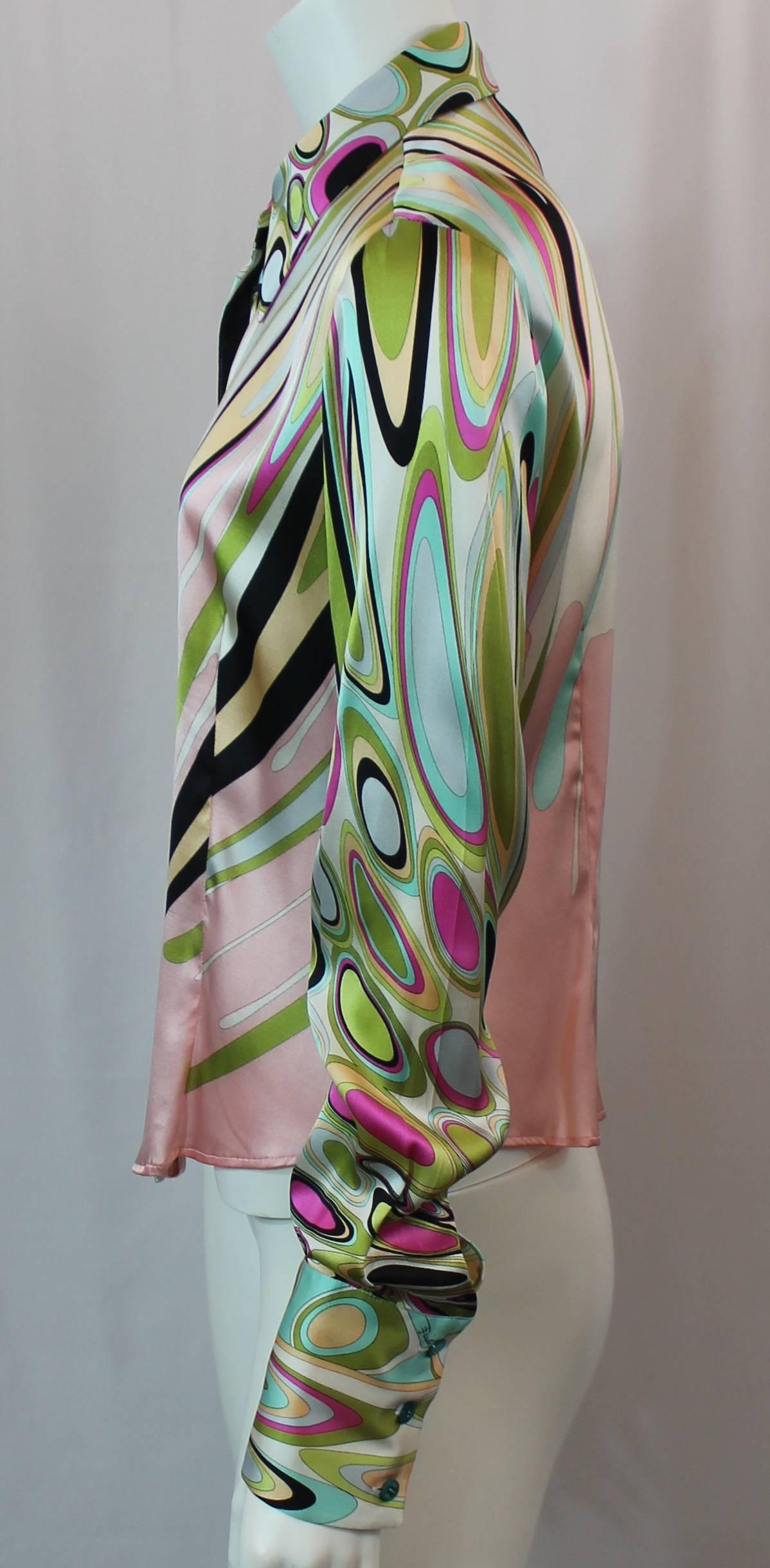 Gray Emilio Pucci Multi-Colored Silk Shimmery Printed Long Sleeve Shirt - 12