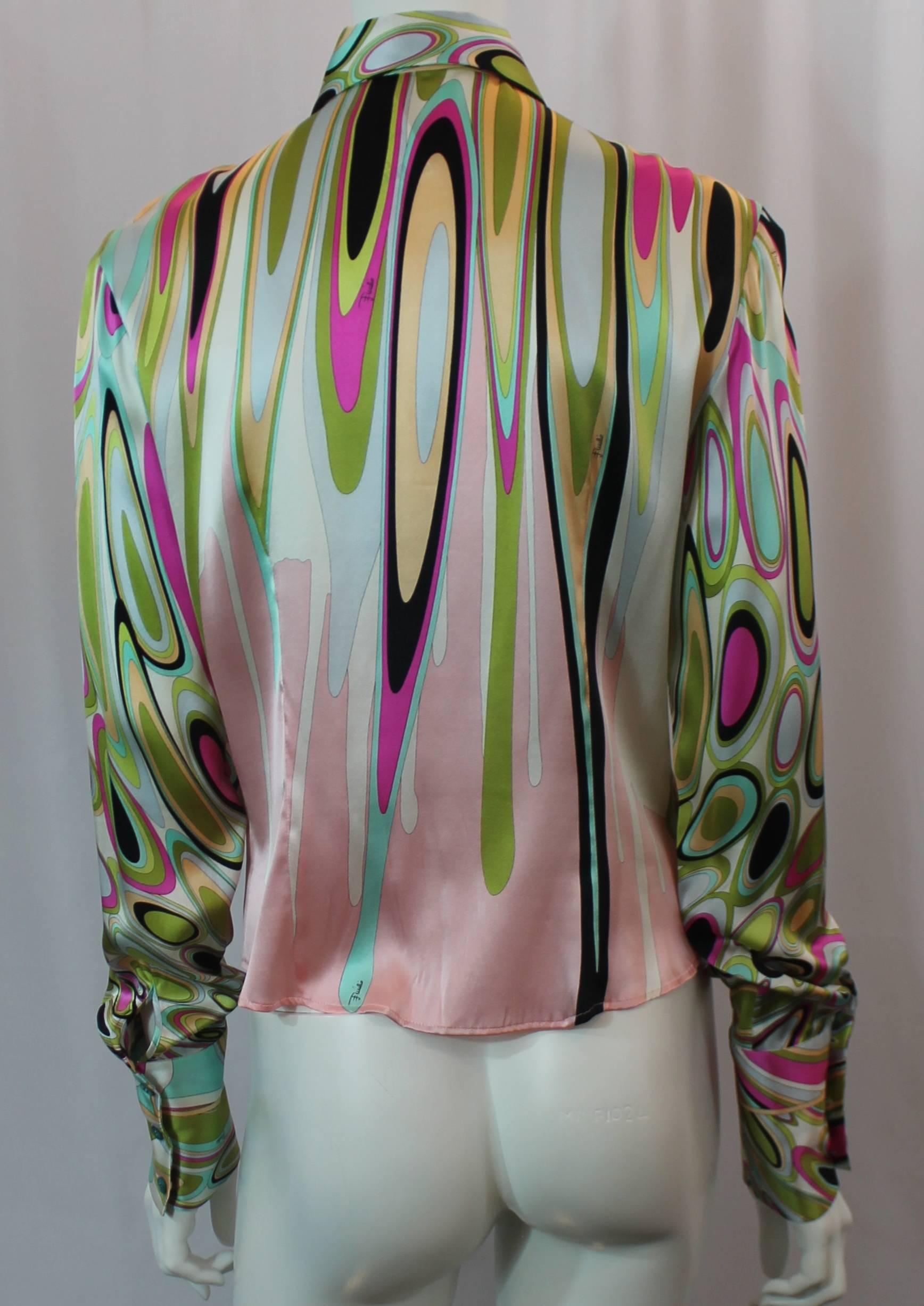 Emilio Pucci Multi-Colored Silk Shimmery Printed Long Sleeve Shirt - 12 In Excellent Condition In West Palm Beach, FL