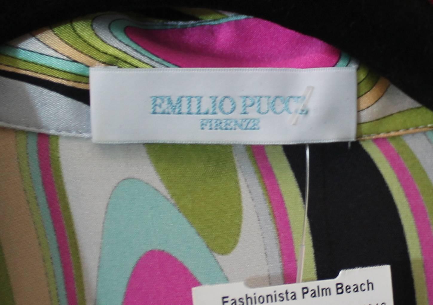 Women's Emilio Pucci Multi-Colored Silk Shimmery Printed Long Sleeve Shirt - 12