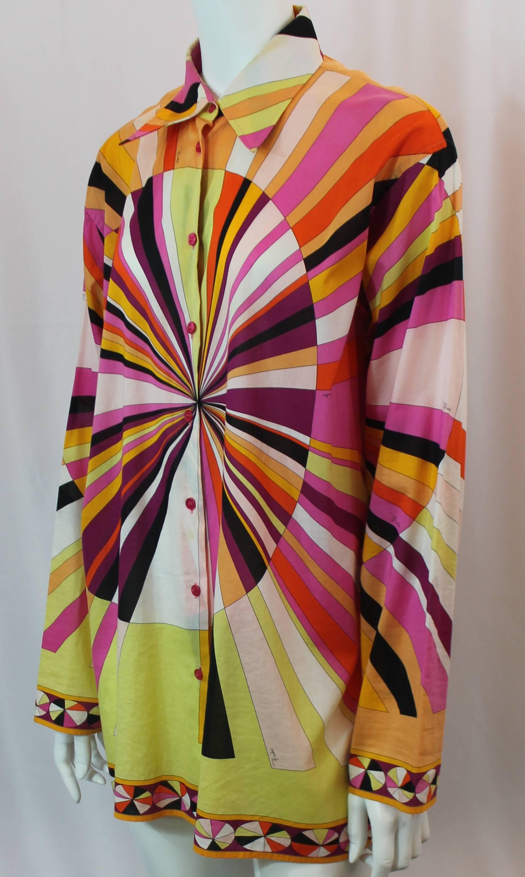Emilio Pucci Multi-Colored Geometric Print Long Sleeve Button Down Shirt - M. This fun button down has orange, pink, golden, and yellow geometric pattern. There is a collar and pink buttons. This shirt is in fair condition due to small stains and