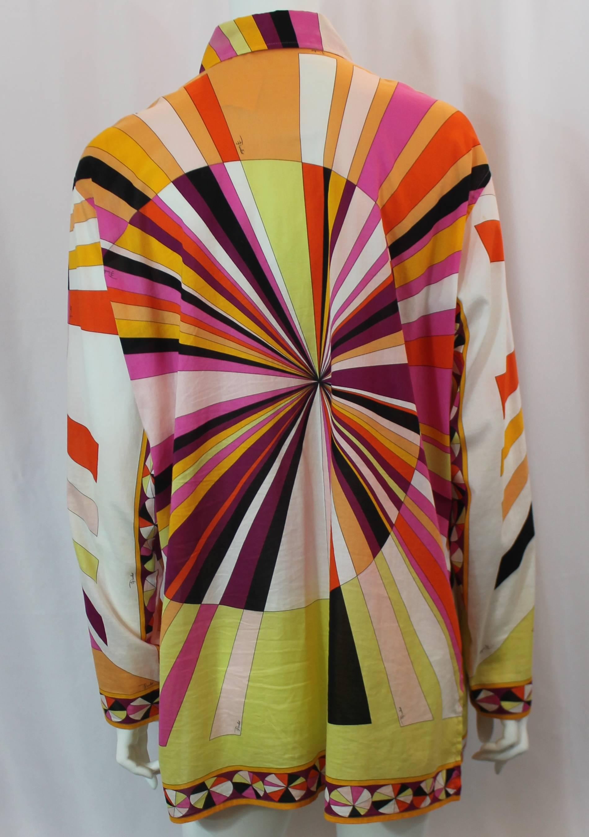 Emilio Pucci Pink & Orange Geometric Print Long Sleeve Shirt - M In Fair Condition In West Palm Beach, FL