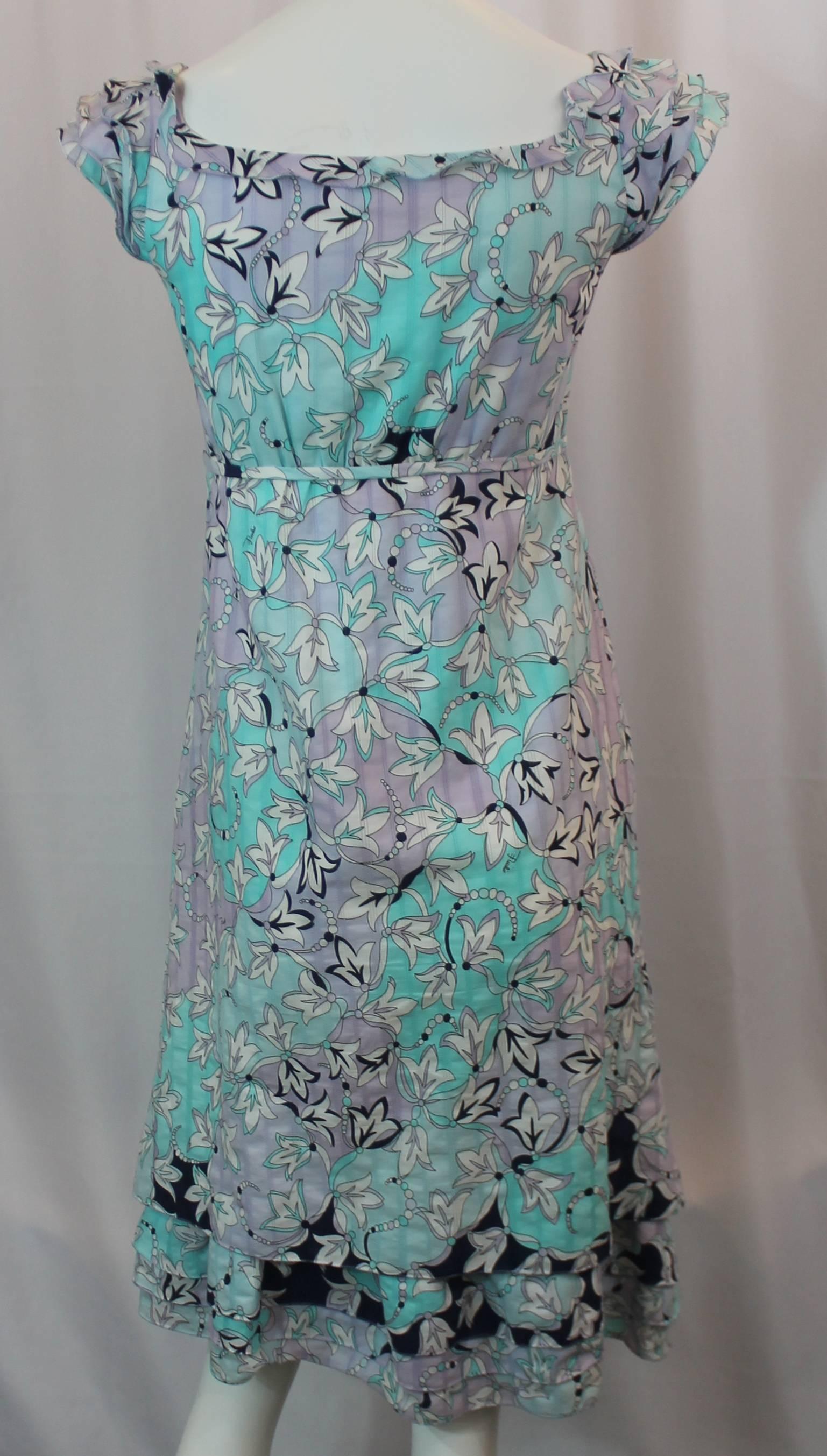 Purple Emilio Pucci Floral Printed Pastel Blue and Lavender Cotton Dress - 4 For Sale