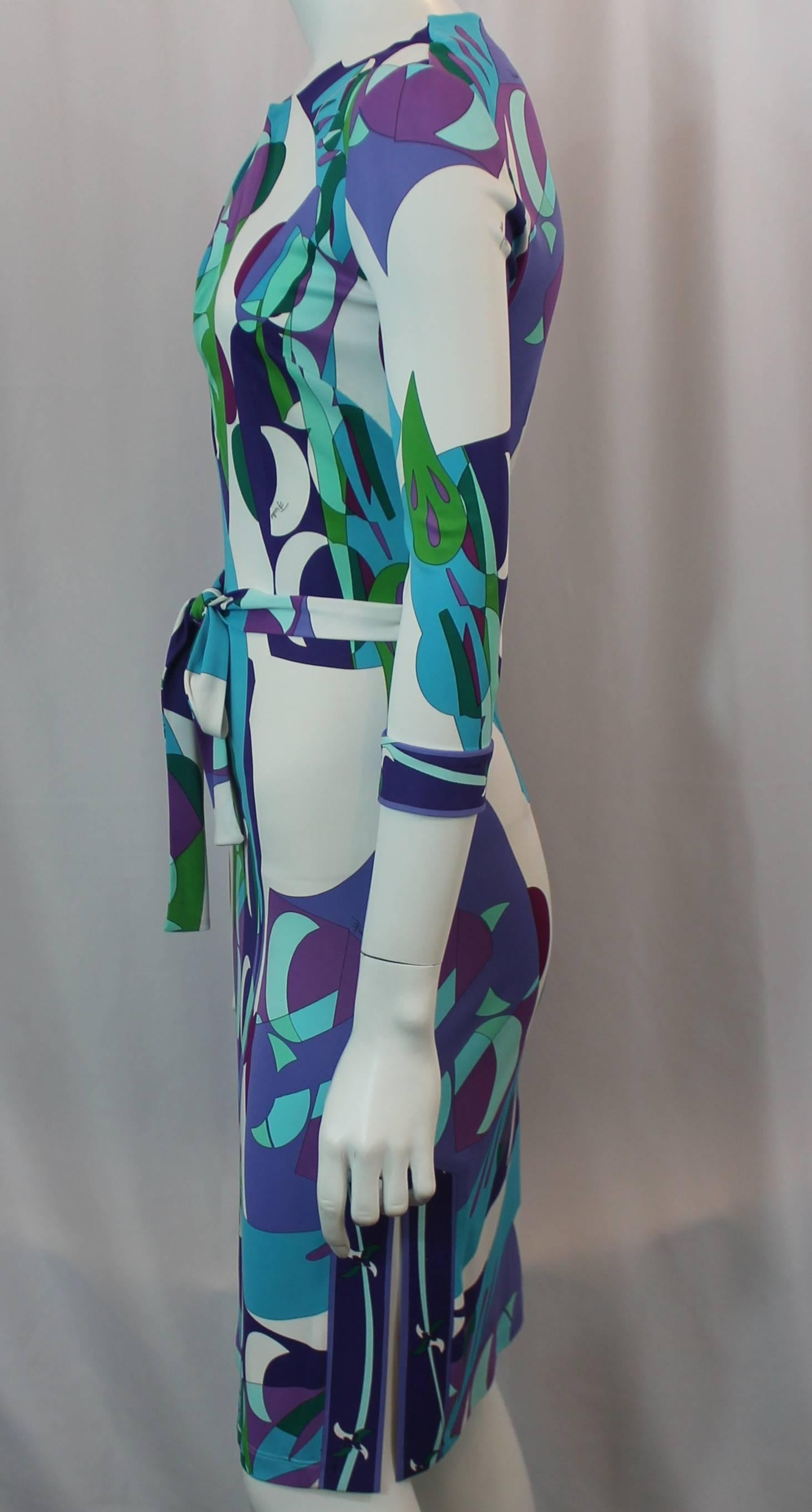 Emilio Pucci Blue & Green Geometric Print Jersey Dress - 6 In Excellent Condition In West Palm Beach, FL