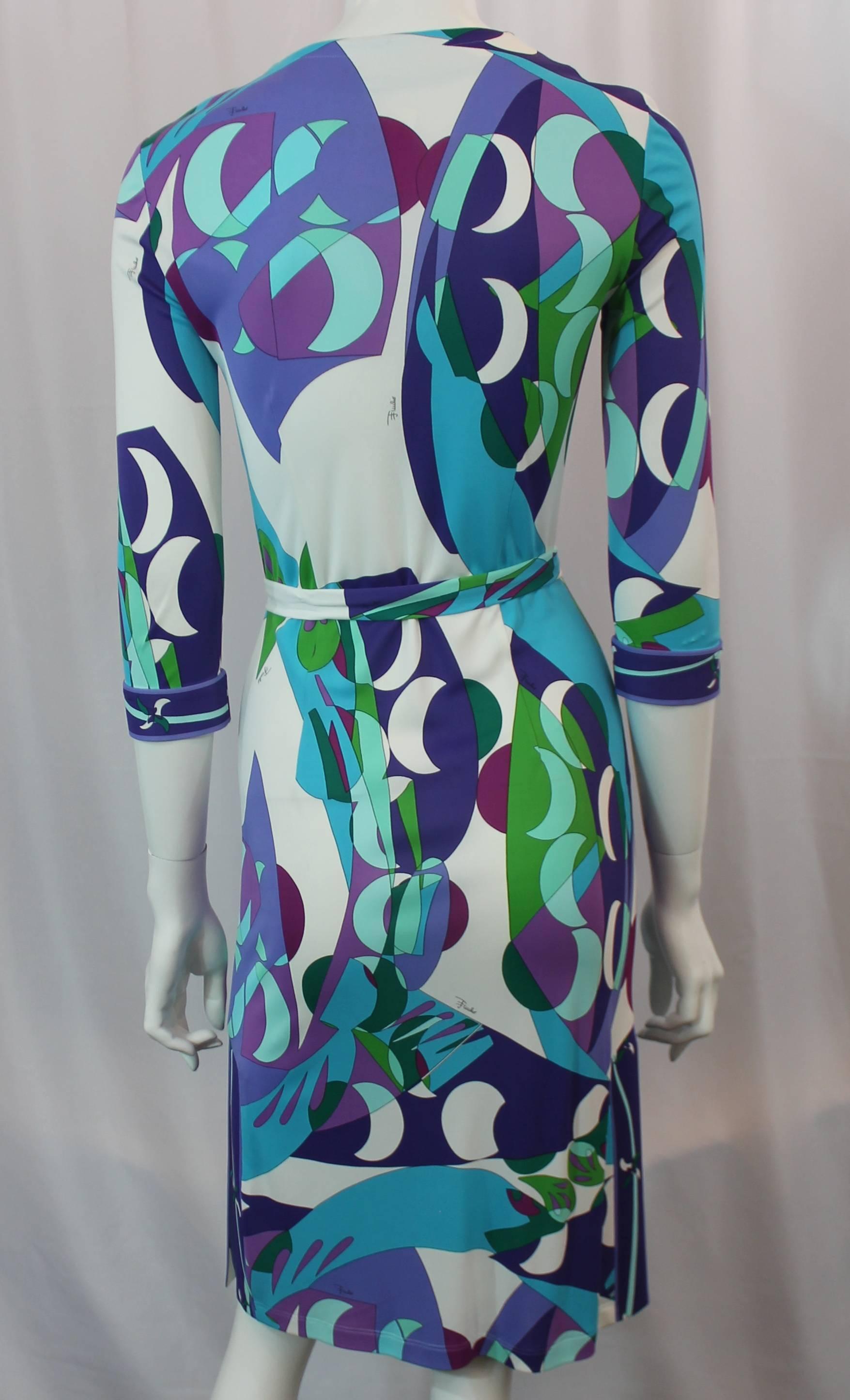 Women's Emilio Pucci Blue & Green Geometric Print Jersey Dress - 6