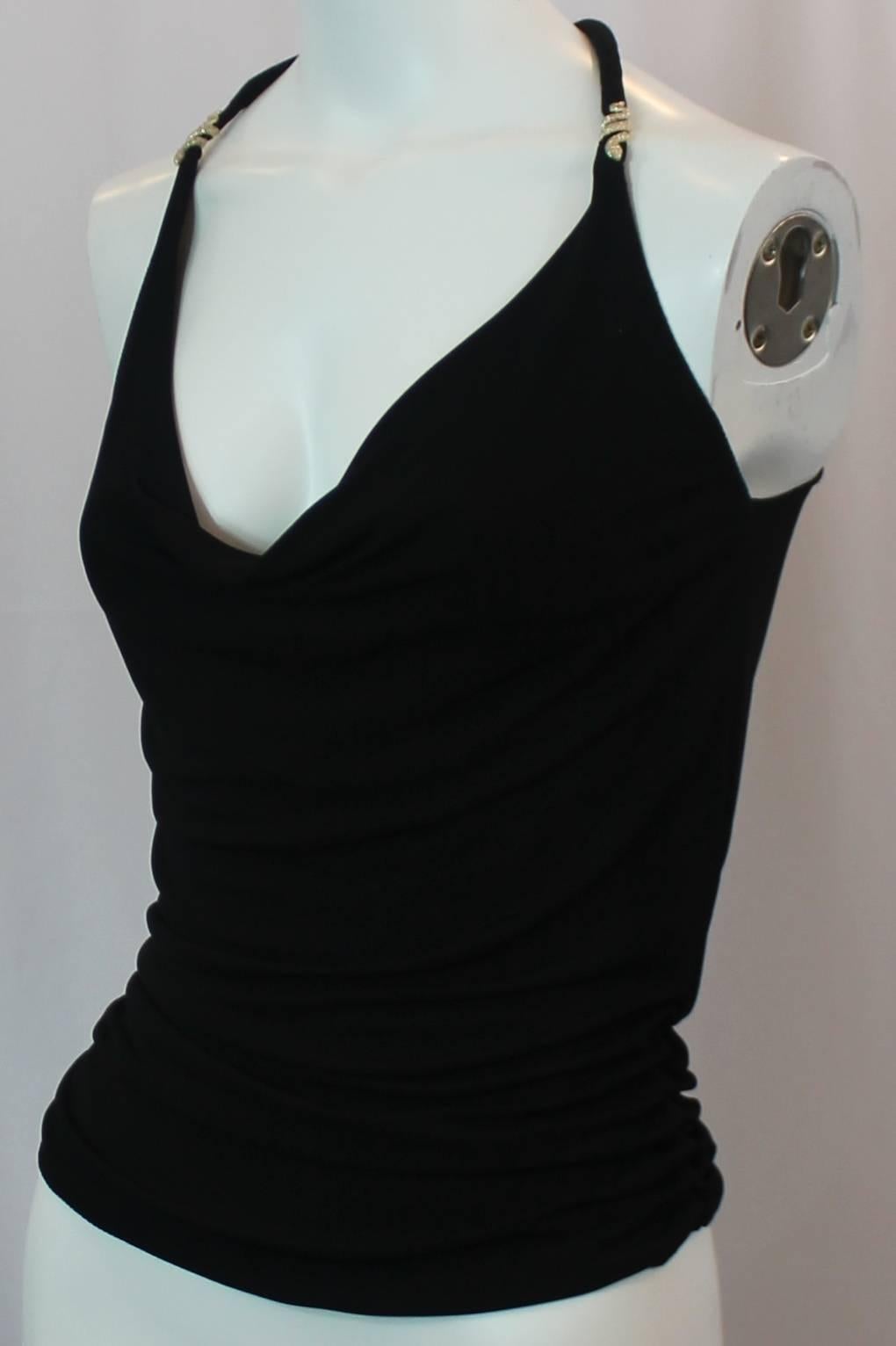 Roberto Cavalli Black Jersey Blend Loose Tank Top with Gold Snake Detail - 38. This loose tank top has a swoop neckline. It is black jersey/ viscose elastin blend. On the straps there are gold snake details. This top is in excellent condition.