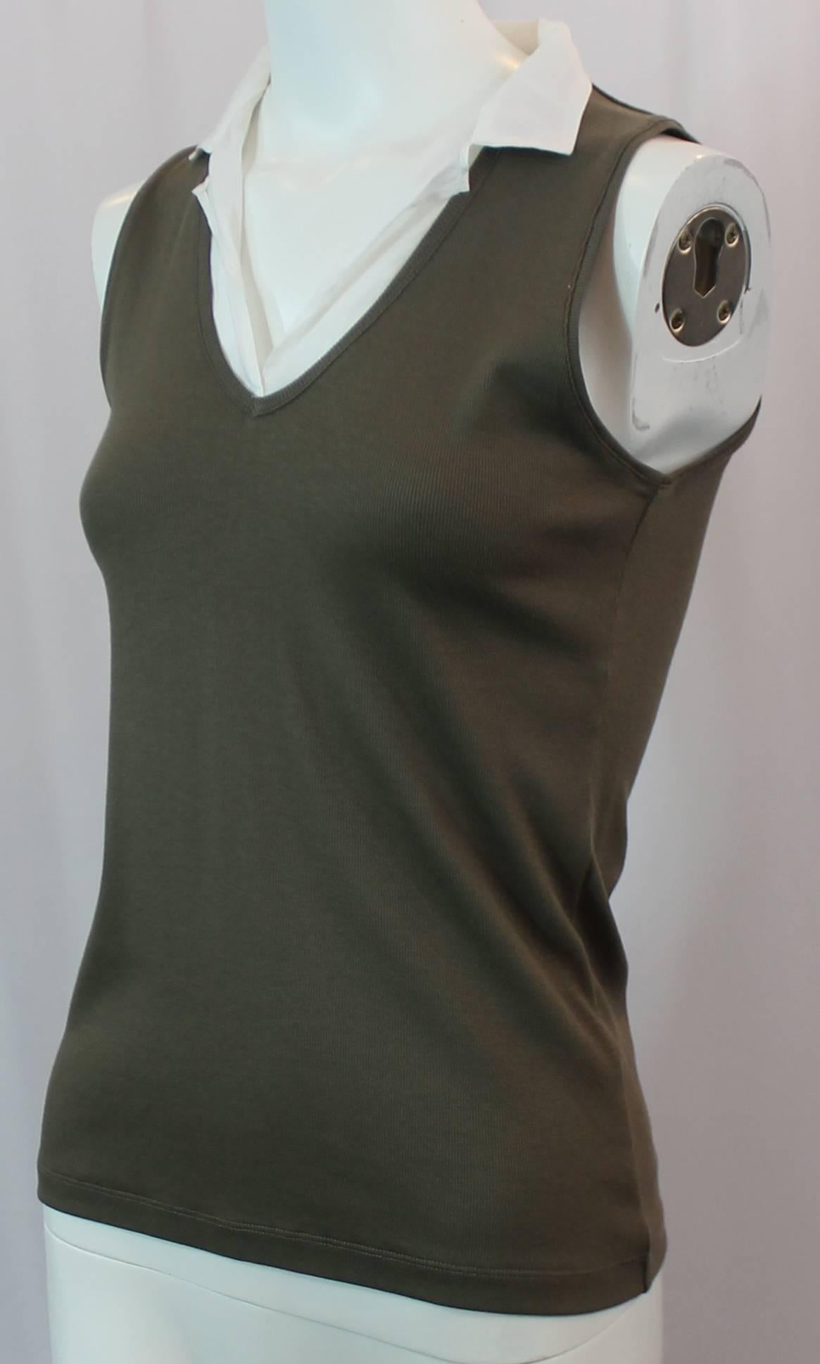 Brunello Cucinelli Olive and White Cotton Blend Sleeveless Top - L. This sleeveless top has a white collar. It appears to be a knitted olive vest on top of a white shirt but it's one piece. This top is in very good condition with light general