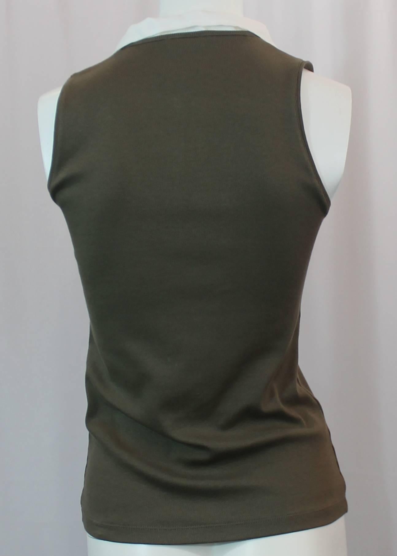 Brunello Cucinelli Olive and White Cotton Blend Sleeveless Top - L. In Good Condition In West Palm Beach, FL