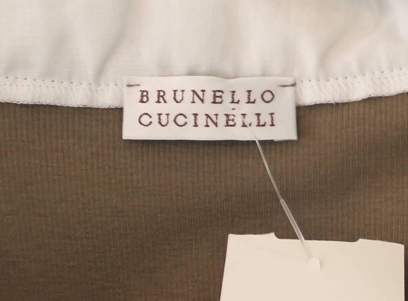 Women's Brunello Cucinelli Olive and White Cotton Blend Sleeveless Top - L.