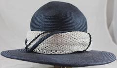 Suzanne Custom Millinery Navy and White Straw Hat with Ribbon