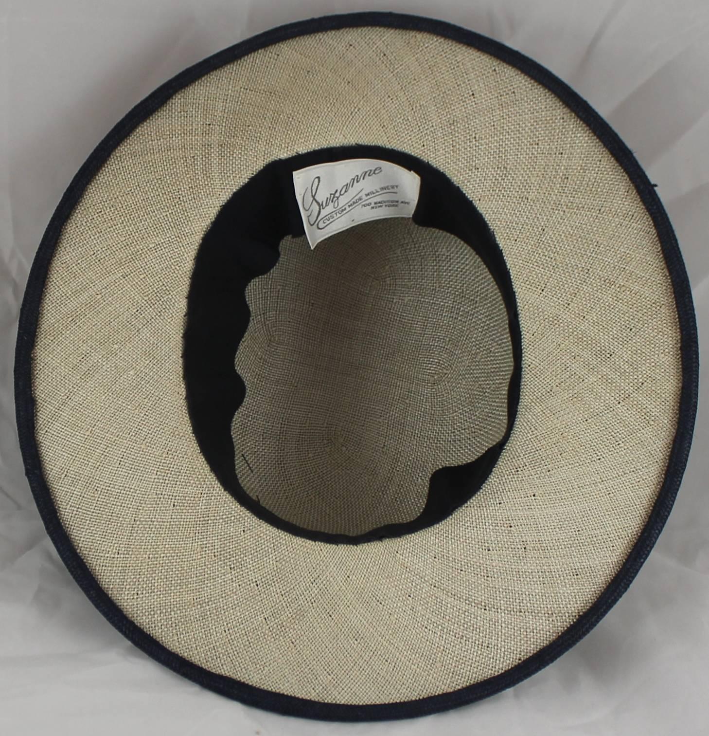 Black Suzanne Custom Millinery Navy and White Straw Hat with Ribbon