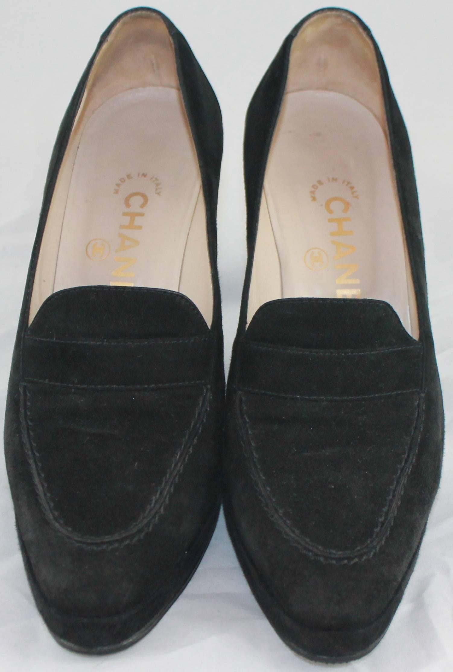 Women's Chanel Black Suede Loafer Style Pumps - 36.5