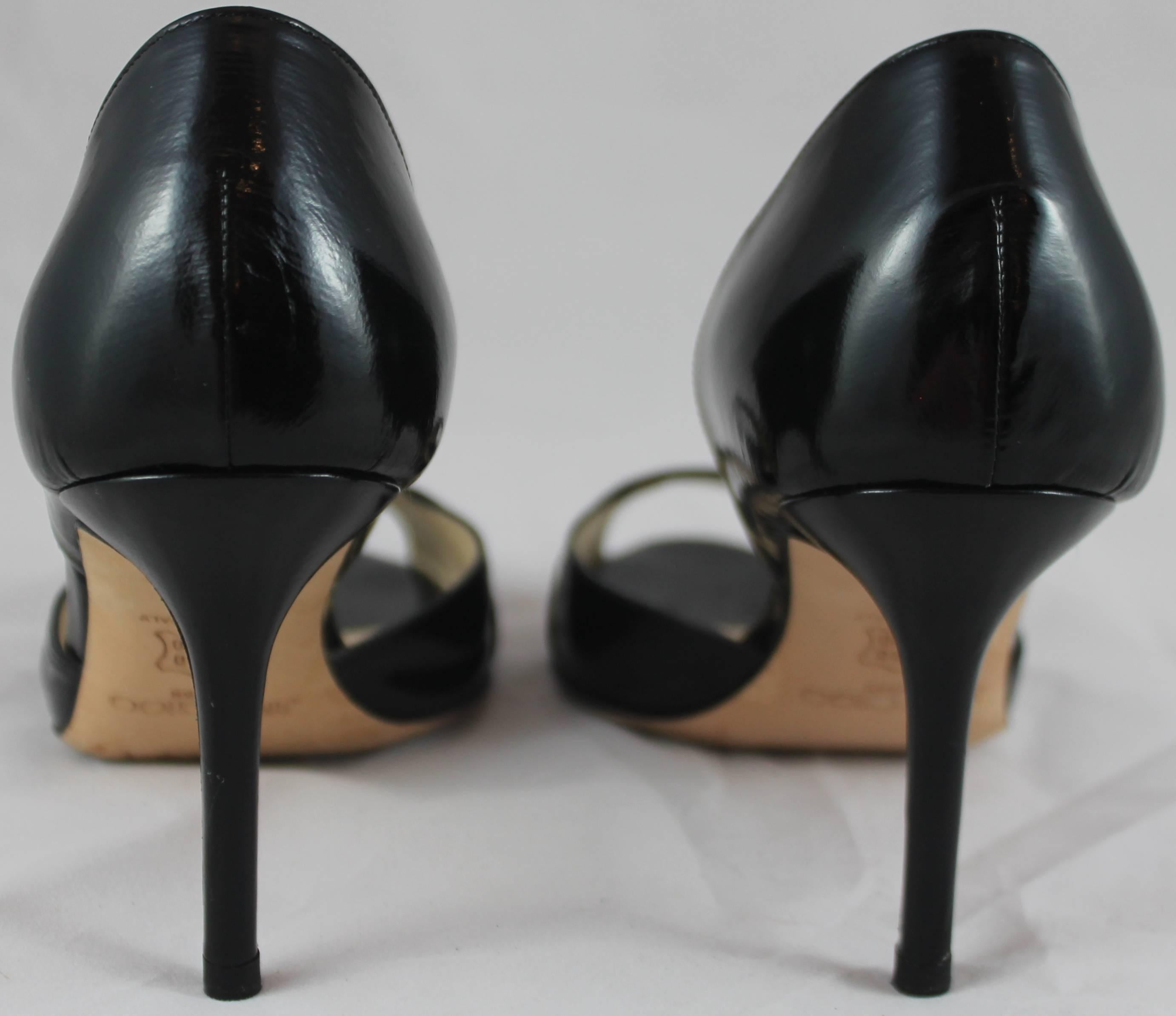 Jimmy Choo Black Leather D'Orsay Heels with Double Straps and Gold Studs - 36.5 In Excellent Condition In West Palm Beach, FL