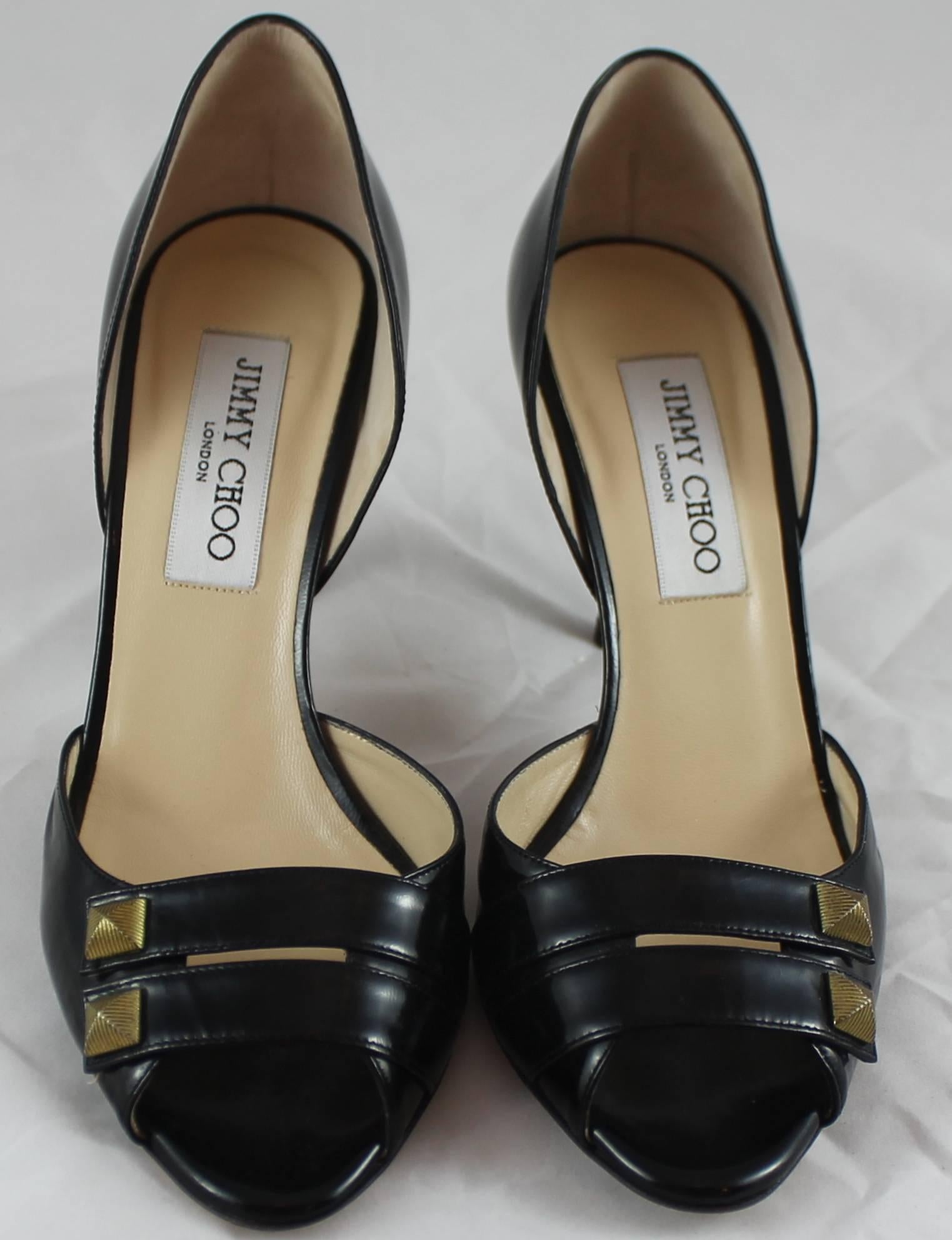 Women's Jimmy Choo Black Leather D'Orsay Heels with Double Straps and Gold Studs - 36.5