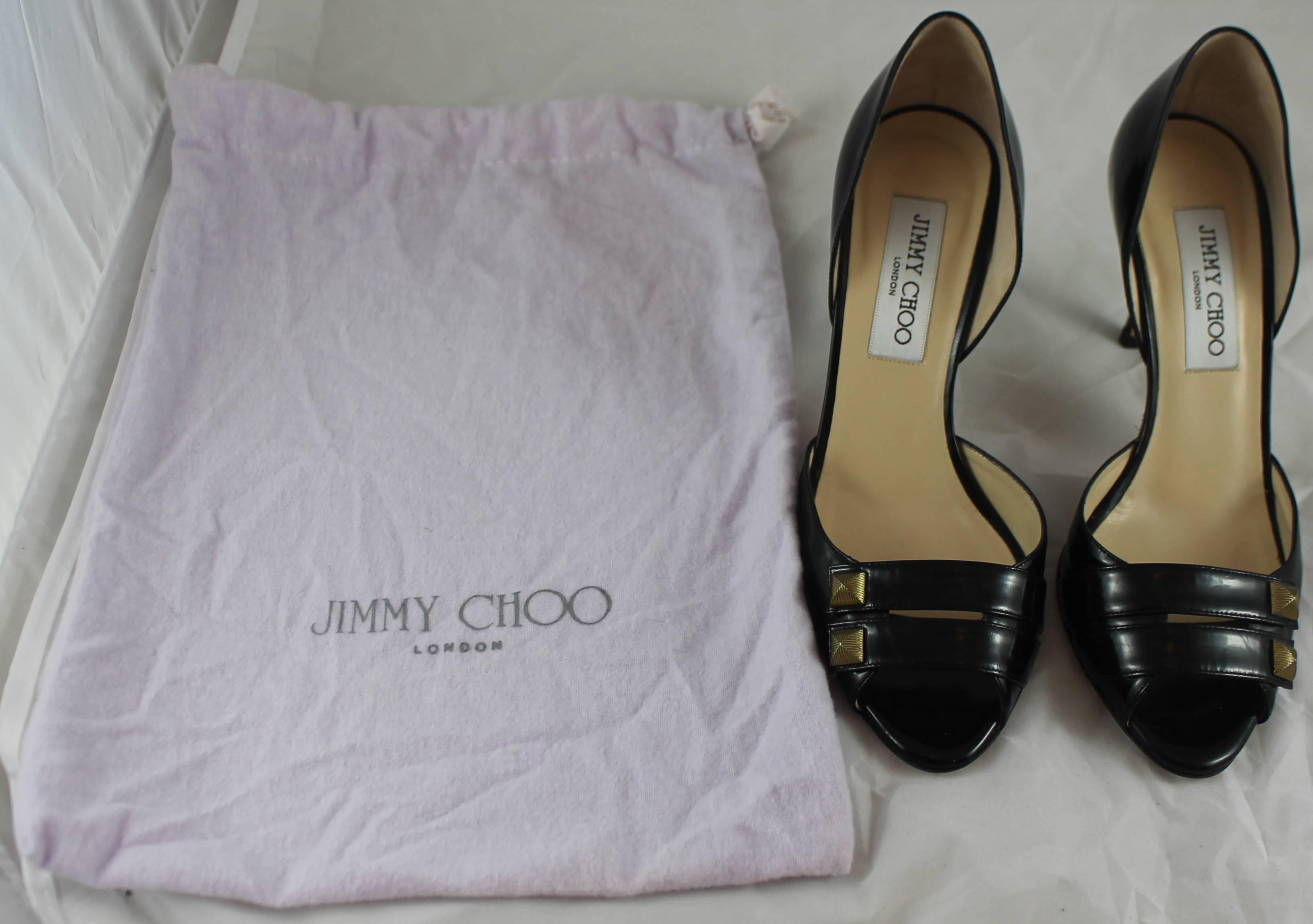 Jimmy Choo Black Leather D'Orsay Heels with Double Straps and Gold Studs - 36.5 4