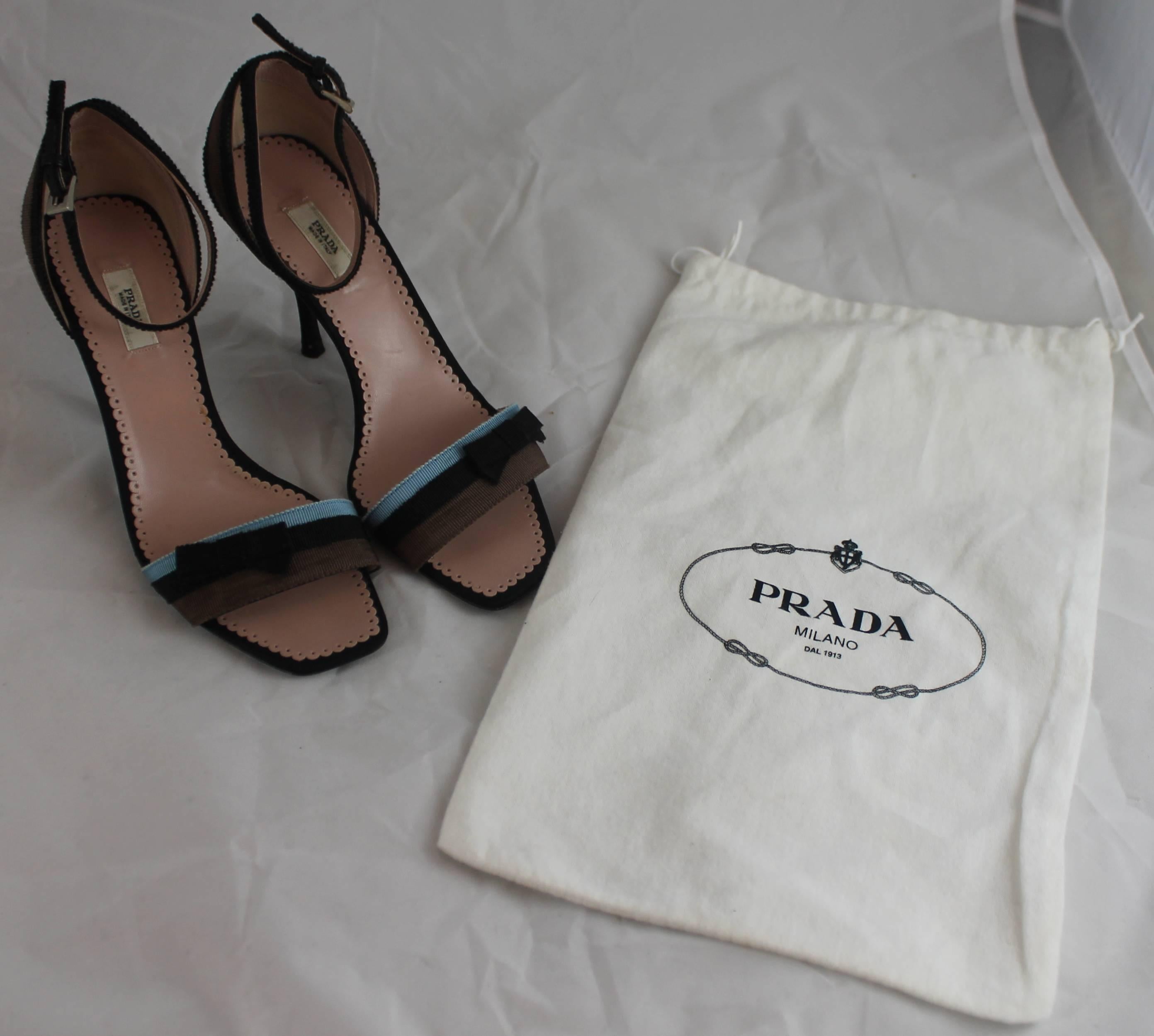 Prada Blue, Black, and Brown Grosgrain Striped Ankle Strap Heels with Bow - 36 2