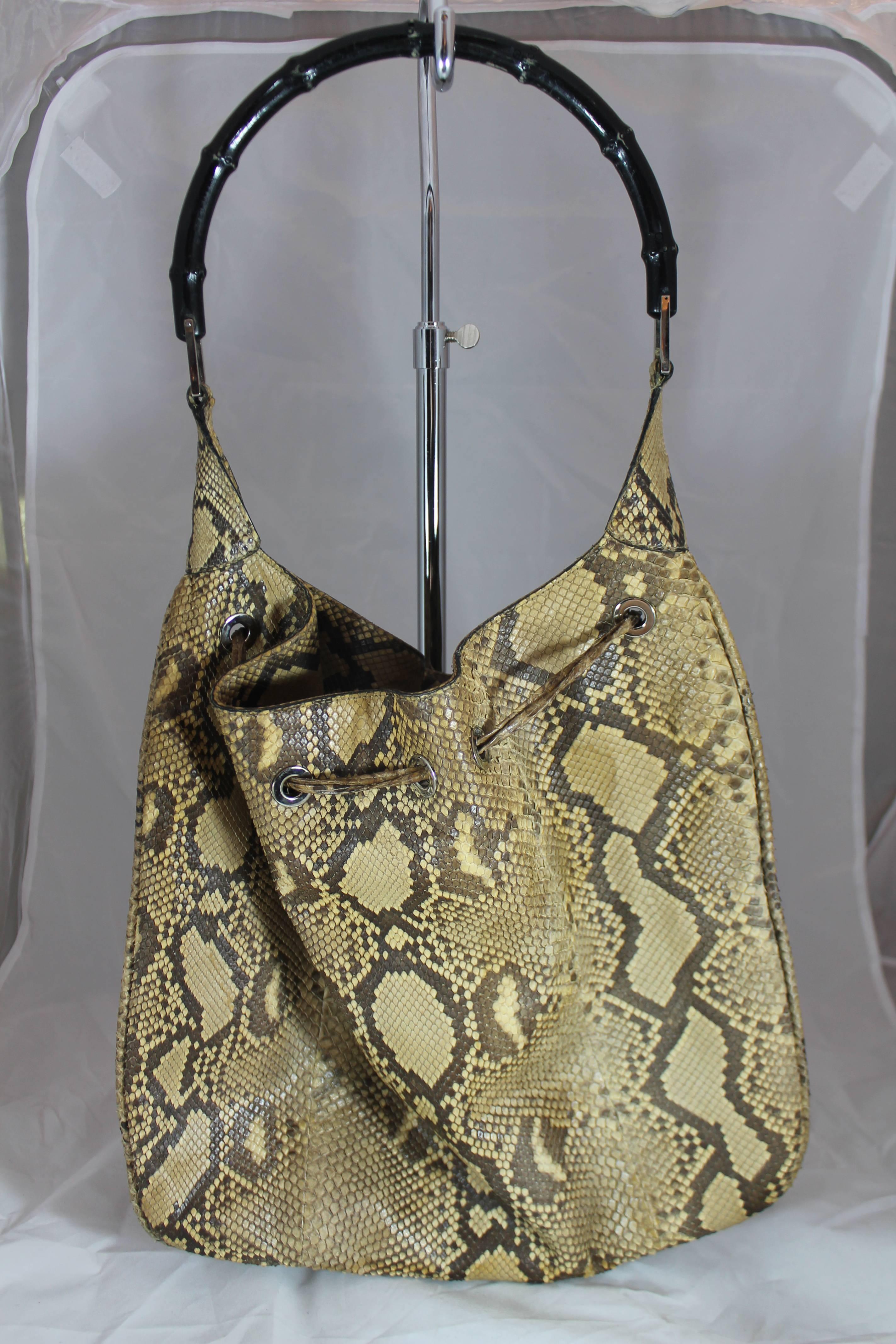 Brown Gucci Earthtone Python Shoulder Bag with Bamboo Handle 