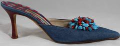Manolo Blahnik Denim Slides with Blue and Red Stones - 36.5