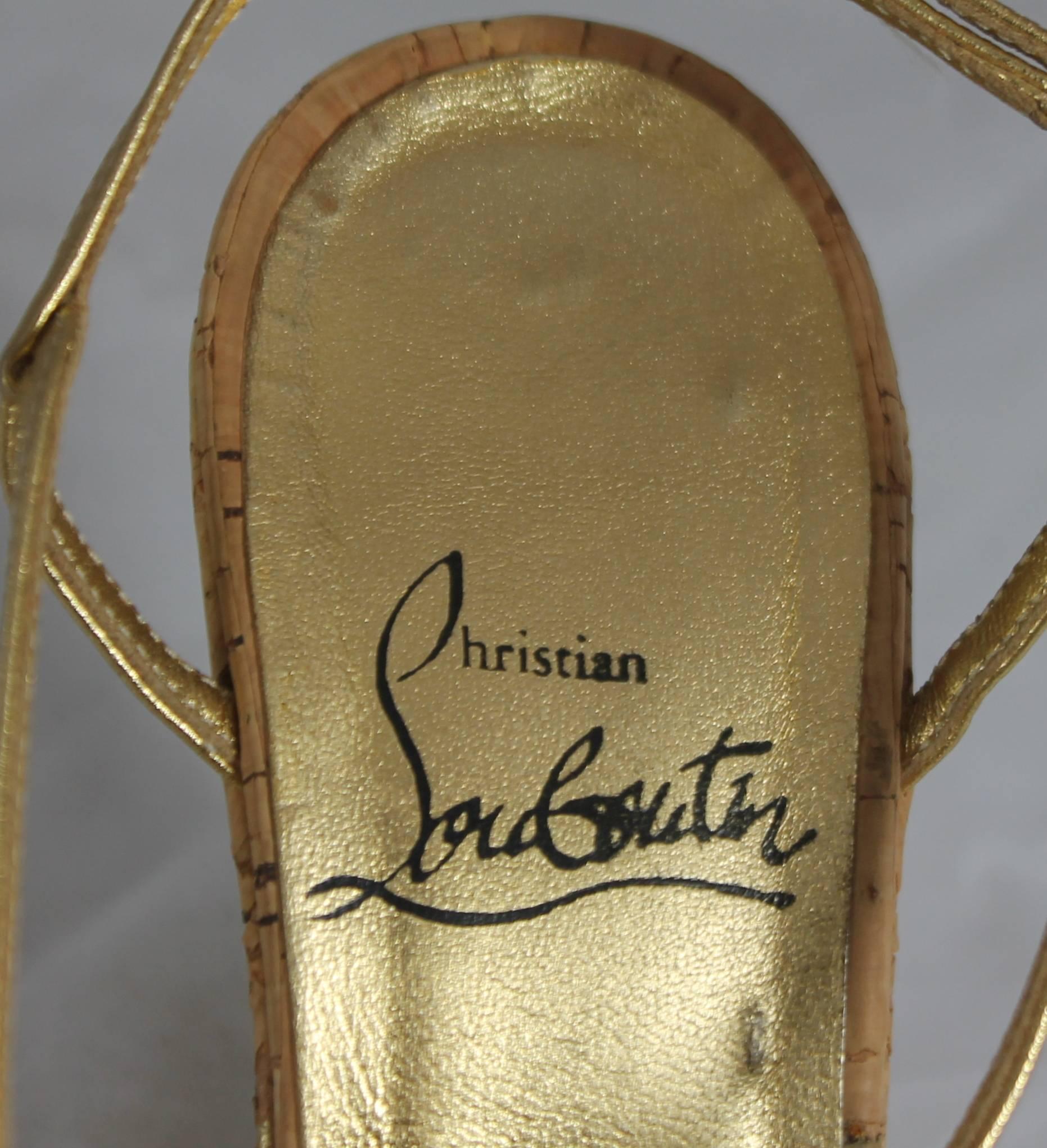 Brown Christian Louboutin Gold Leather Strappy Cork Wedges - 36