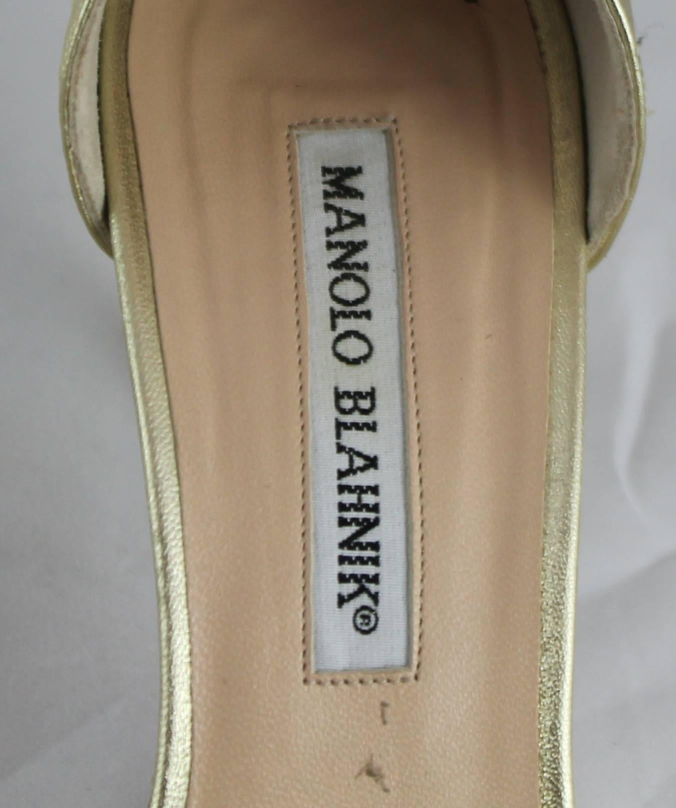 Brown Manolo Blahnik Gold D'Orsay Heels with Rhinestone Detail - 36.5 For Sale