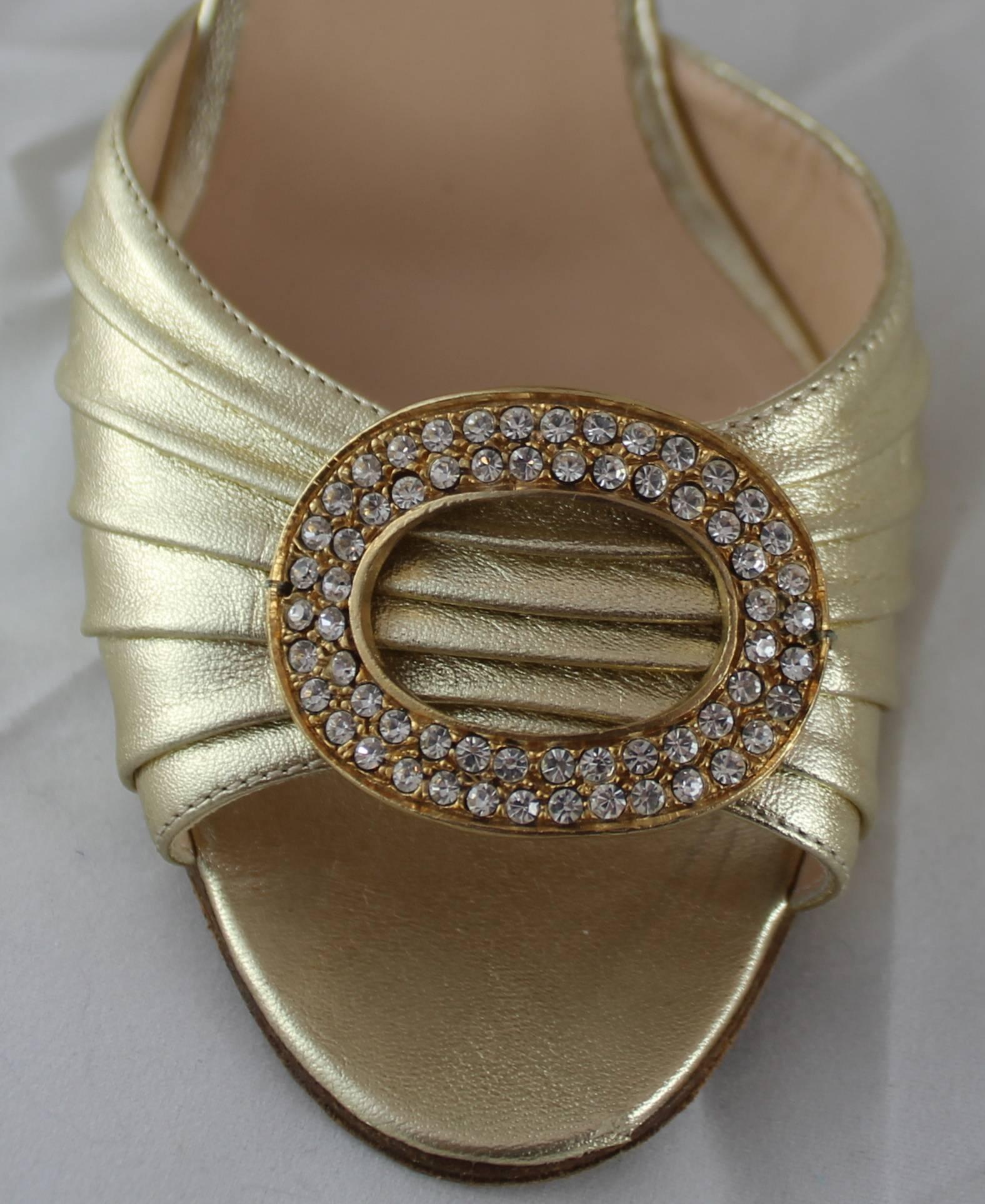 Manolo Blahnik Gold D'Orsay Heels with Rhinestone Detail - 36.5 In Good Condition For Sale In West Palm Beach, FL