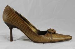 Chanel Light Brown Lizard Skin Heels w/ Camellia and Rhinestone Detail - 36