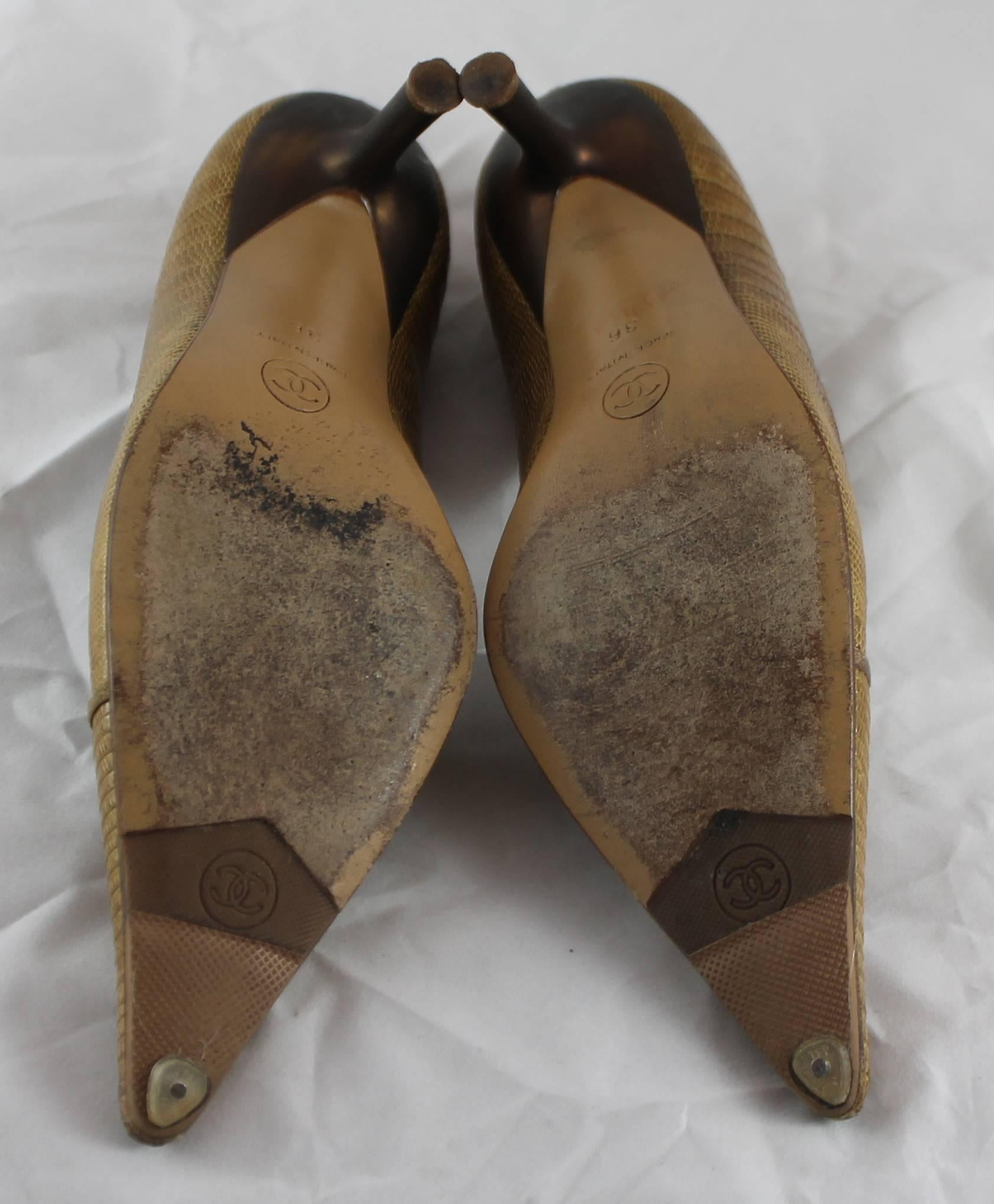Chanel Light Brown Lizard Skin Heels w/ Camellia and Rhinestone Detail - 36 1