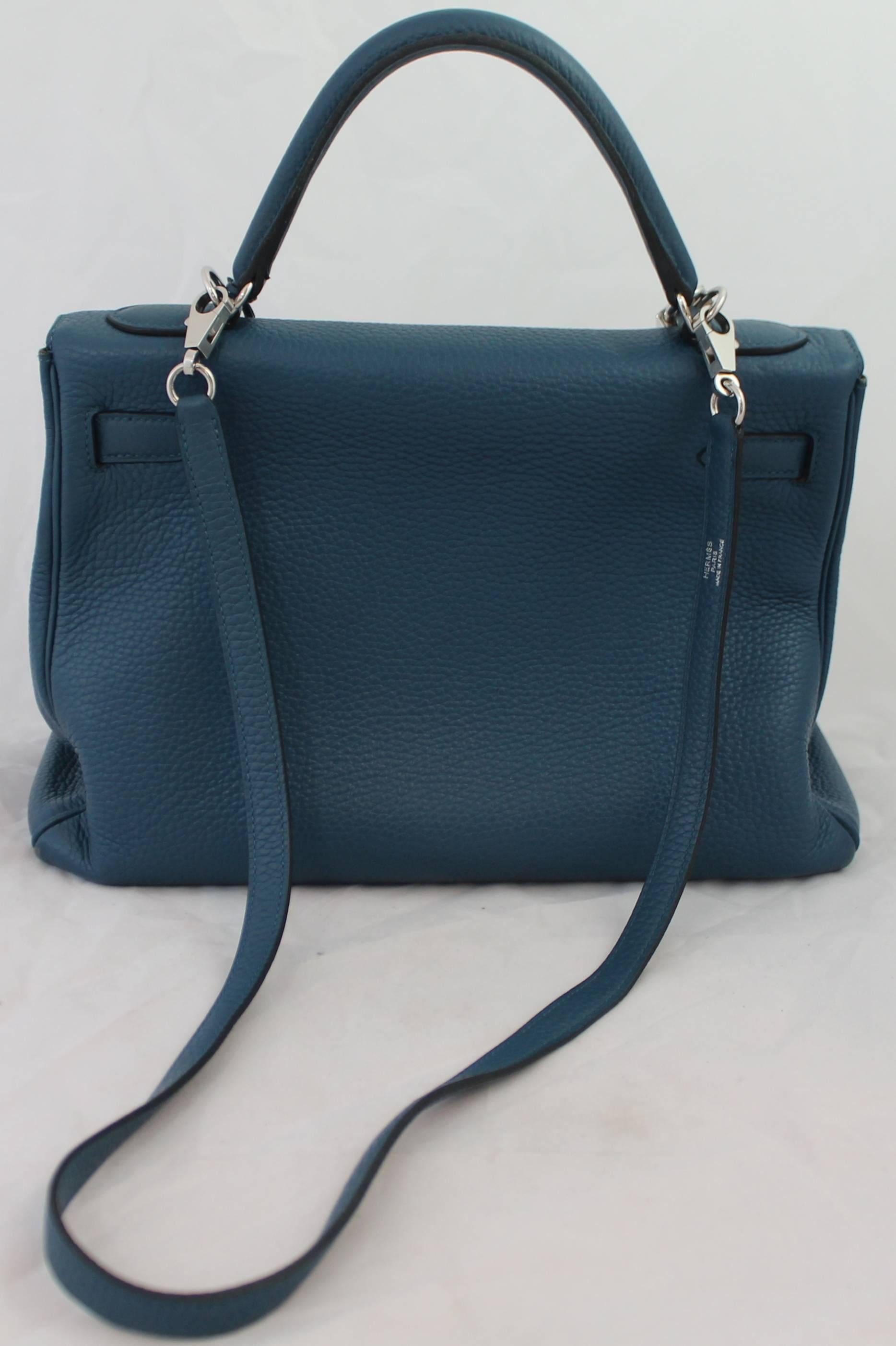 Hermes Blue Thalassa Togo 32cm Retourne Kelly Handbag - PHW-2013 In Good Condition In West Palm Beach, FL
