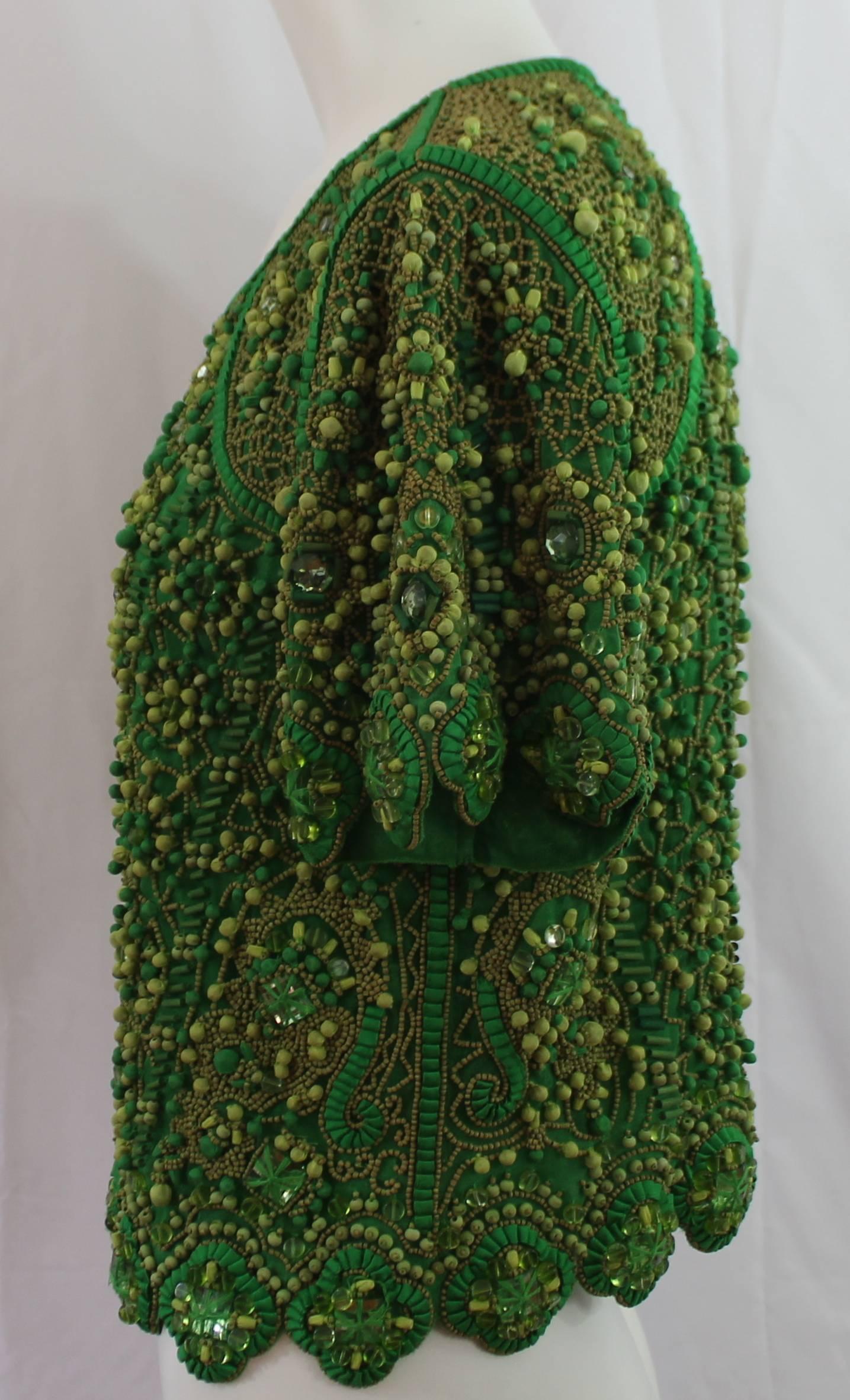 Black Escada Green Silk Heavily Beaded Jacket/Top - 36
