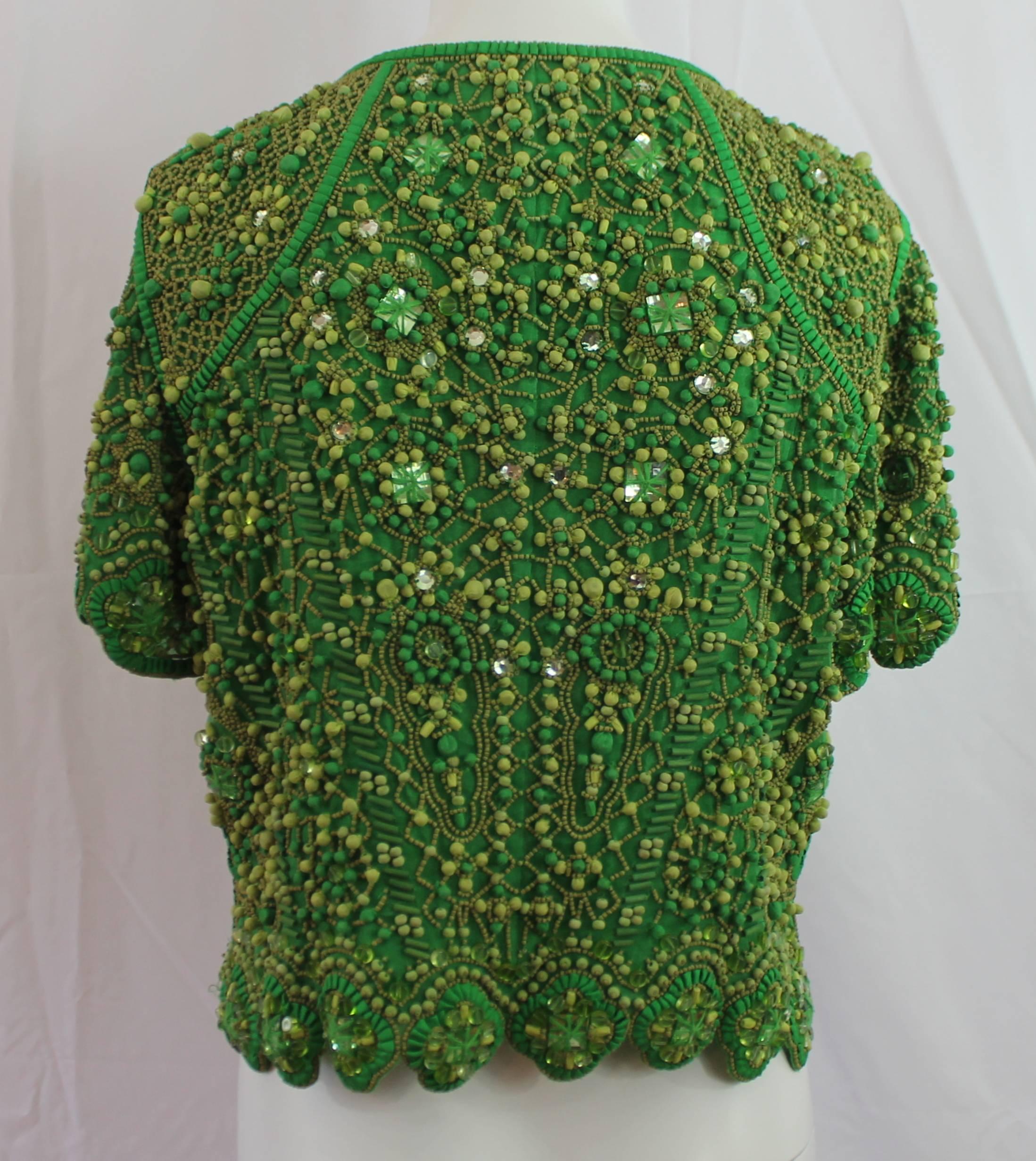 Escada Green Silk Heavily Beaded Jacket/Top - 36 In Excellent Condition In West Palm Beach, FL