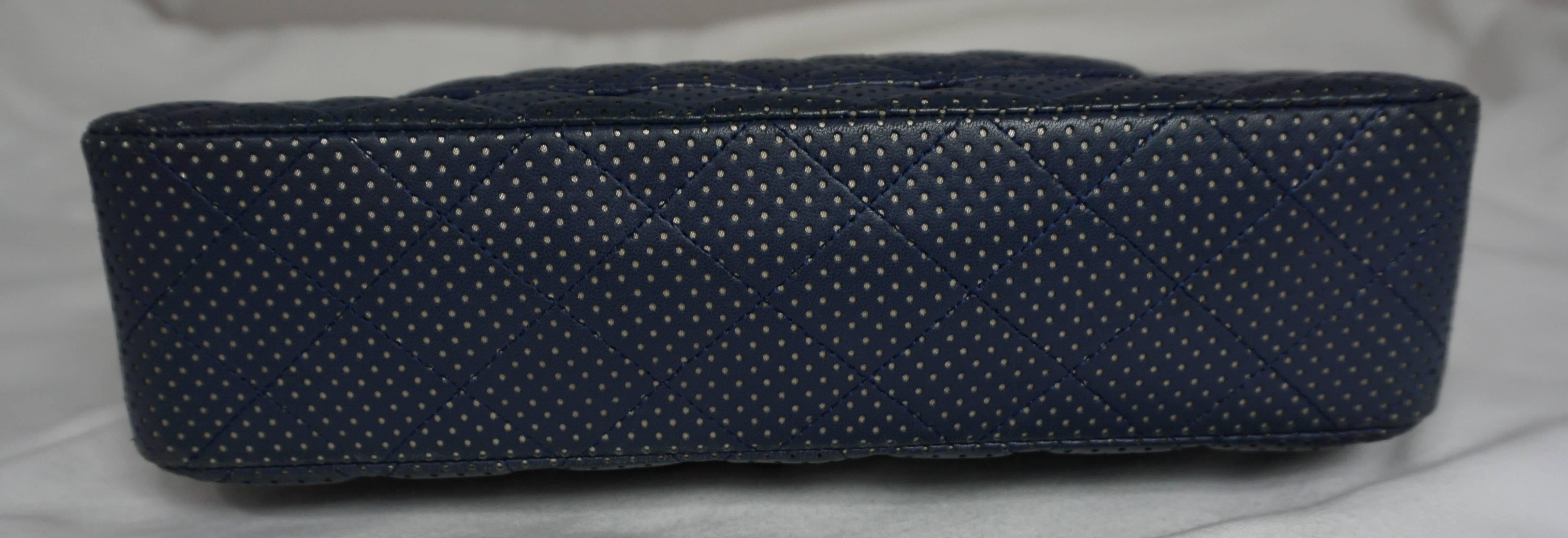 Black Chanel Blue/Silver Perforated Leather Medium Double Flap Handbag-SHW-2006