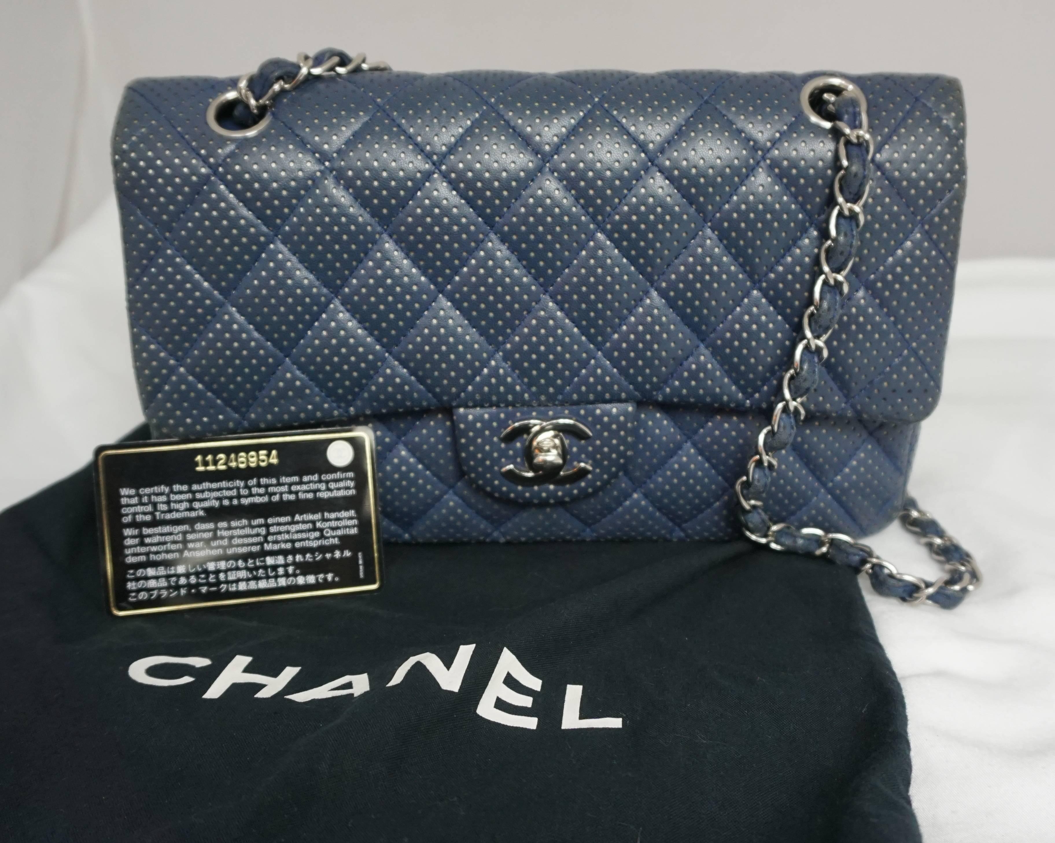 Chanel Blue/Silver Perforated Leather Medium Double Flap Handbag-SHW-2006 3
