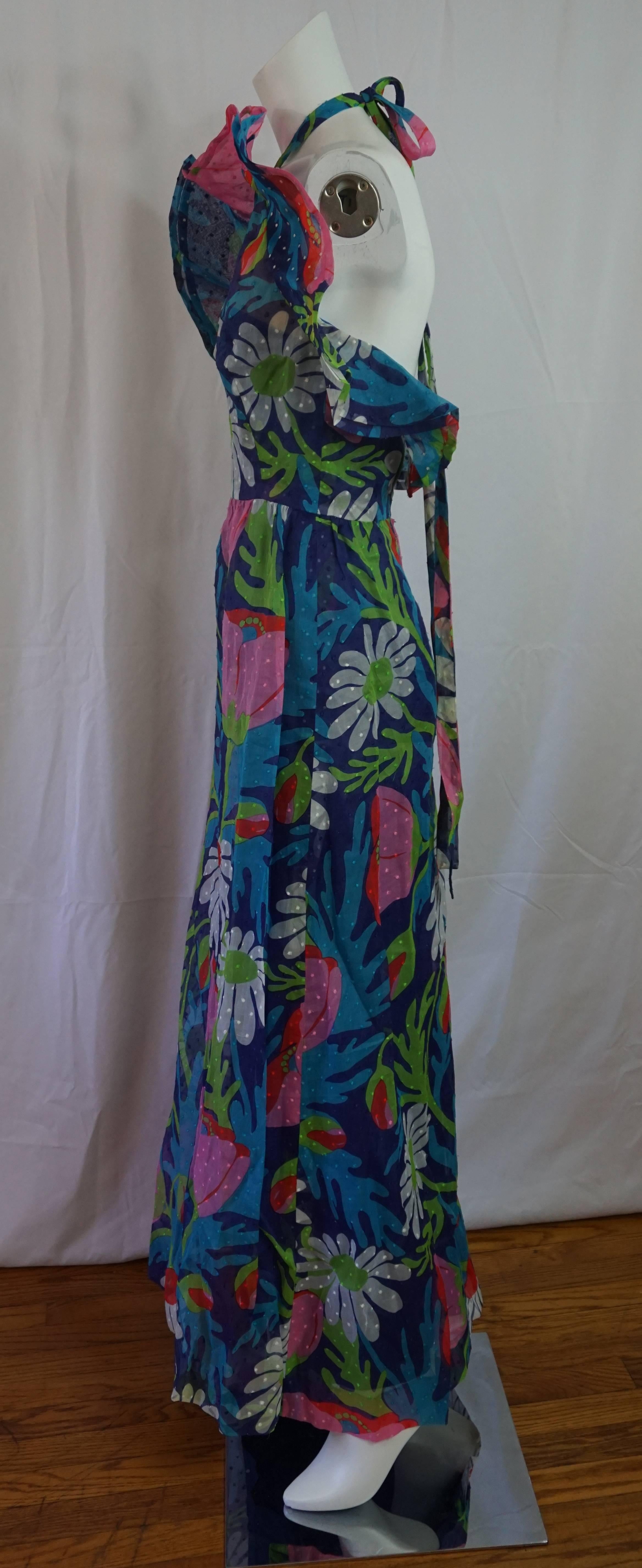 Black Givenchy Multi Color Silk Organza Floral Halter Dress with Ruffle, Circa 1970s For Sale