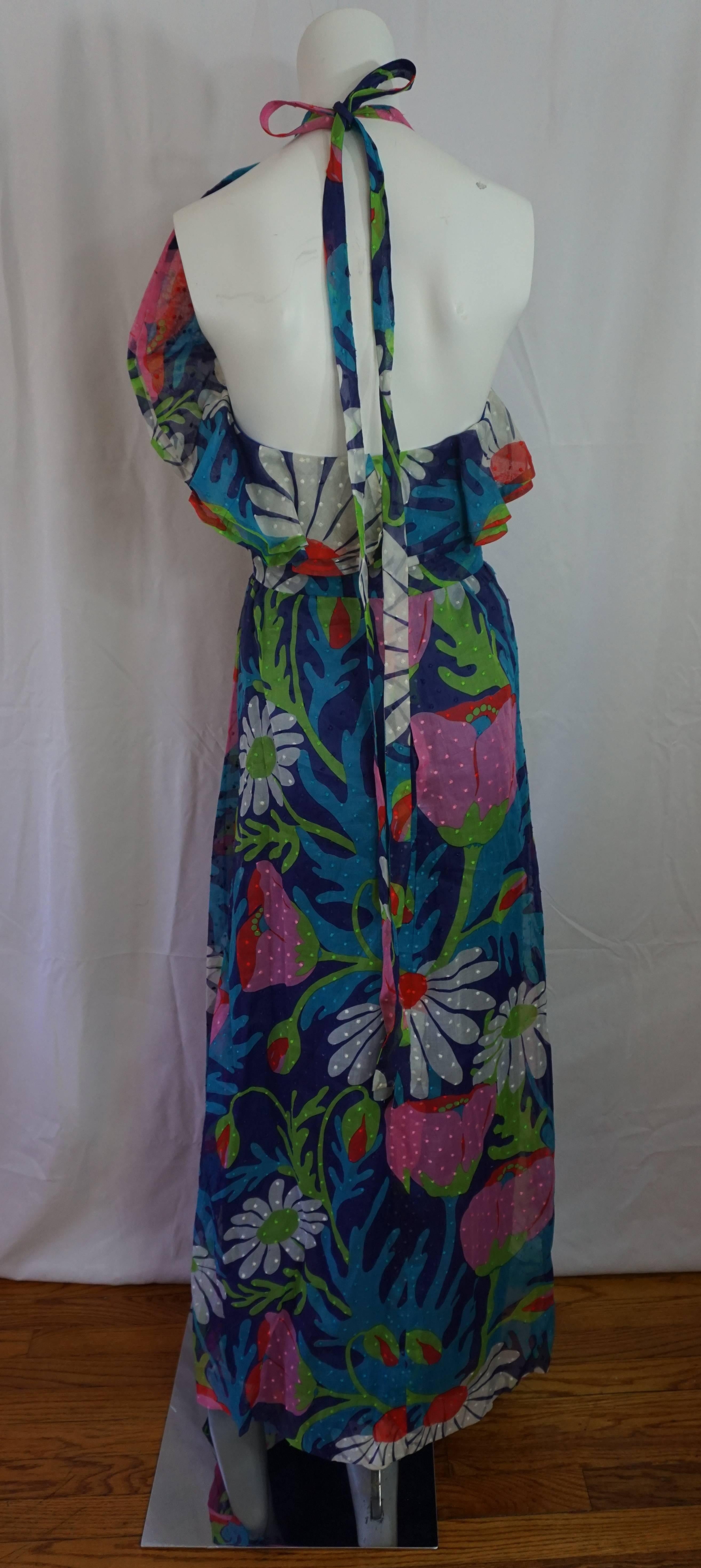 Givenchy Multi Color Silk Organza Floral Halter Dress with Ruffle, Circa 1970s In Excellent Condition For Sale In West Palm Beach, FL