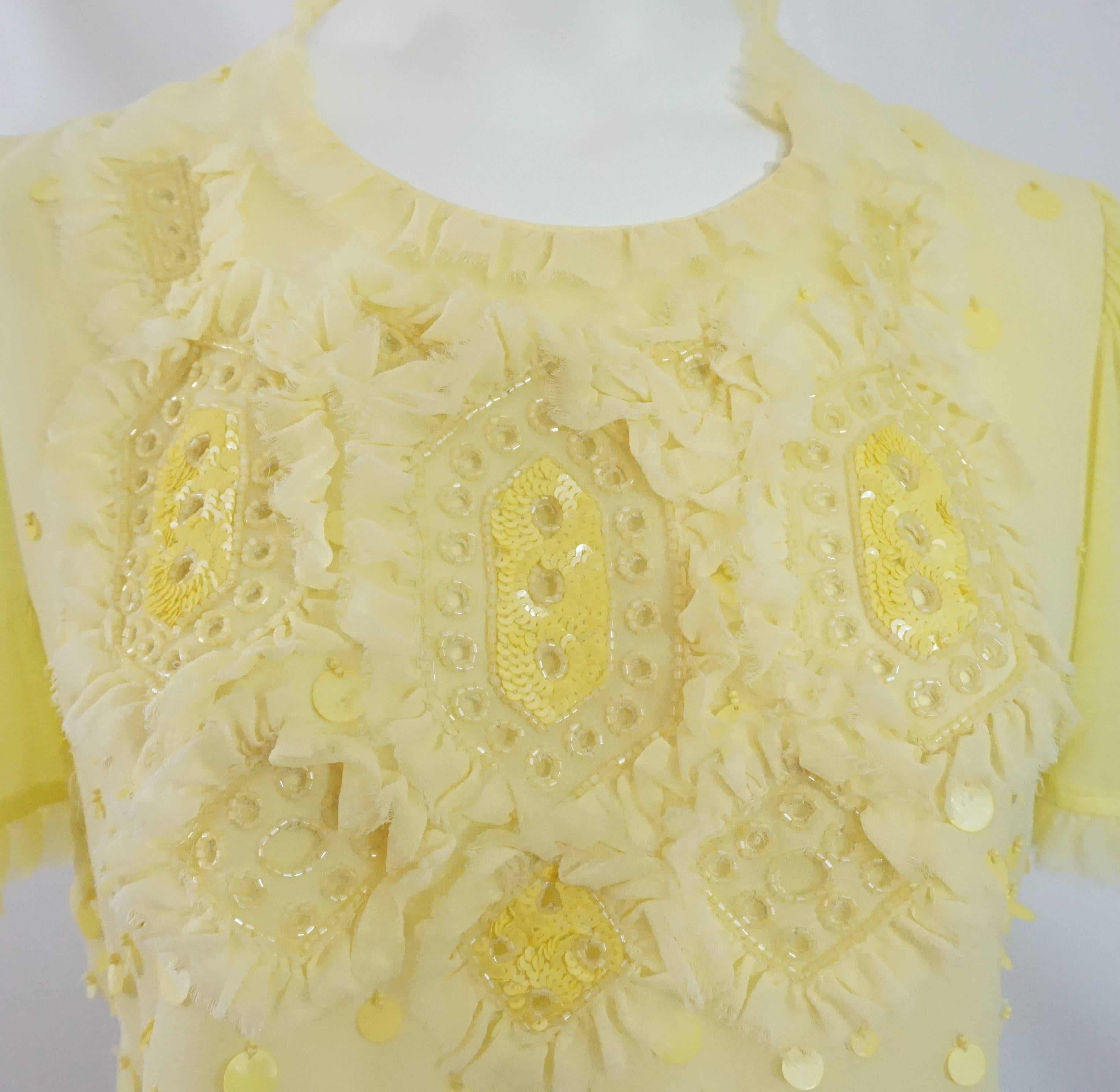 Emilio Pucci Yellow Cotton & Silk Beaded Short Sleeve Top - 10 In Good Condition In West Palm Beach, FL